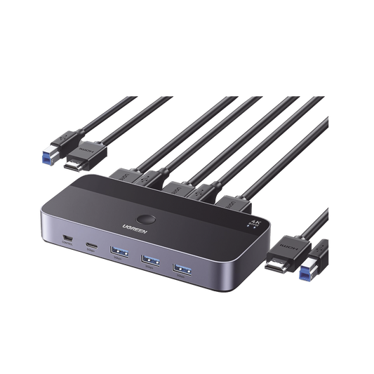 Conmutador KVM HDMI 4K | HDMI 2.0 | 2 Entradas 1 Salida | 4 Puertos USB 3.0 (3 USB-A *1 USB-C) | Soporta 4K@60Hz | HDR | Indicador Led | Compatible Win, MacOs y Linux | Carcasa de Aluminio.