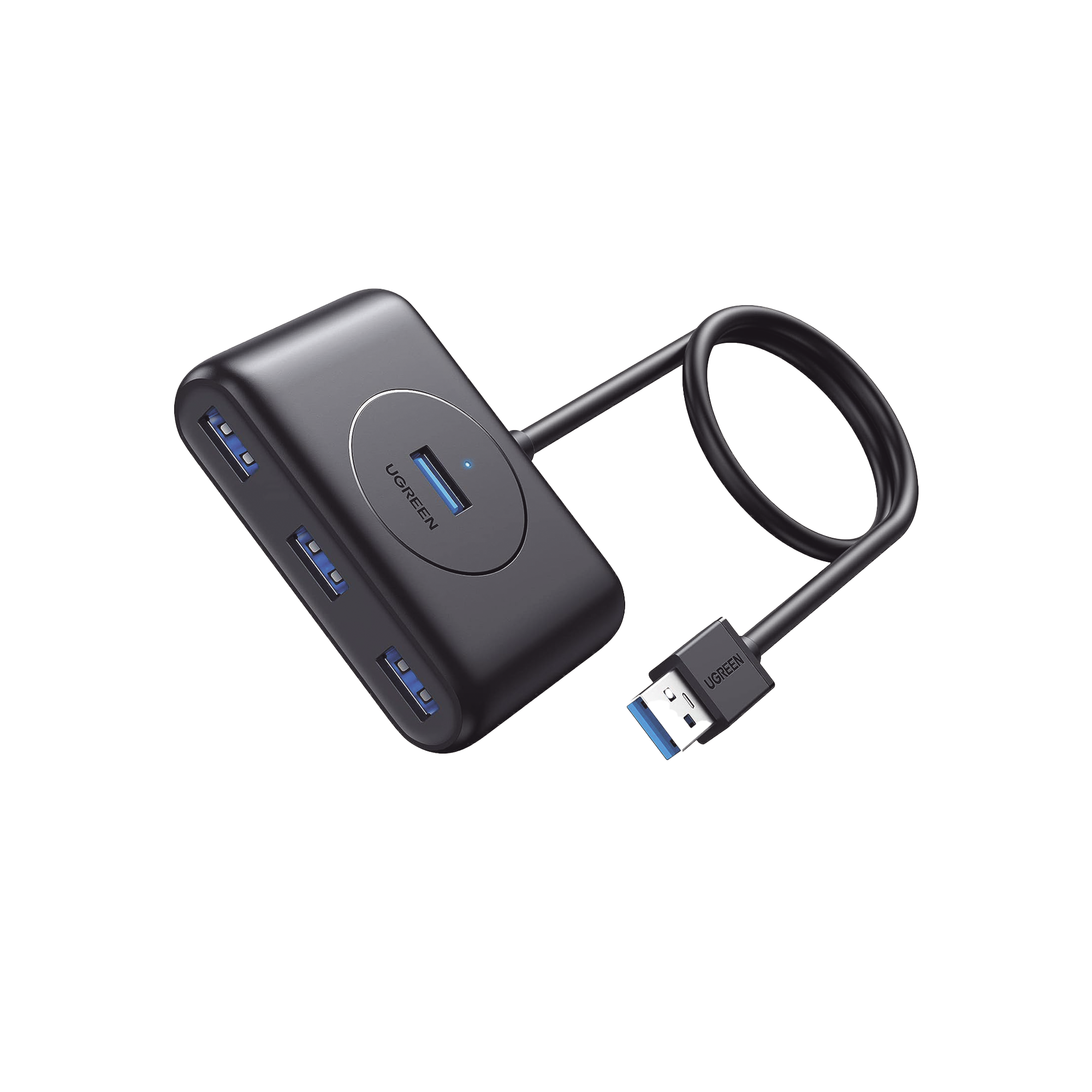 HUB USB-A 3.0 4 en 1 | 4 Puertos USB-A 3.0 (5Gbps) | Entrada USB-C (PD 5V2A) | Cable de 1 Metro | Indicador Led | Ideal para Transferencia de Datos | Entrada USB-C para alimentar equipos de mayor consumo | Color Negro.