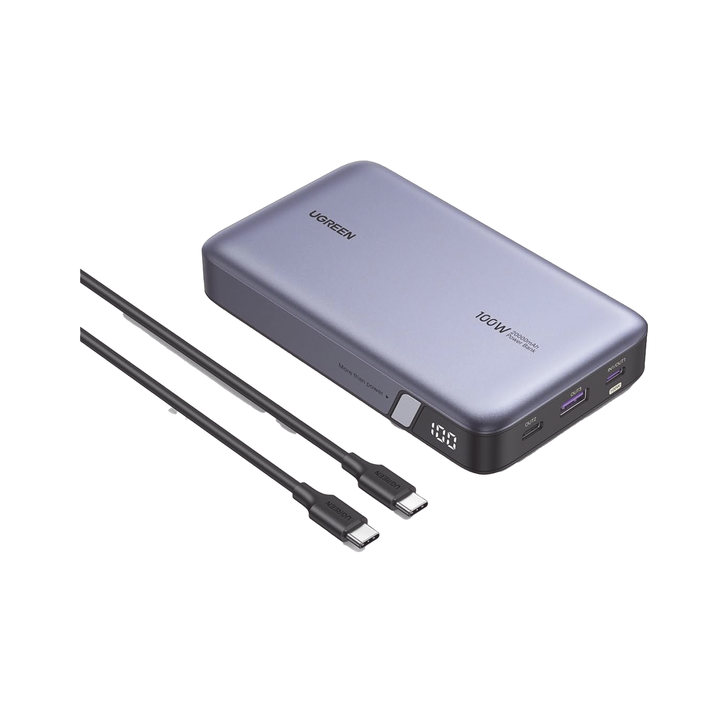 Power Bank de 20000mAh | 3 Salidas 100W Max. | USB-A + 2 USB-C | PD 3.0 | QC3.0 | FCP | SCP | Pantalla Inteligente | Carcasa Ignifuga | Color Gris | Incluye Cable USB de 50cm | Carga tu Laptop de Manera Segura.