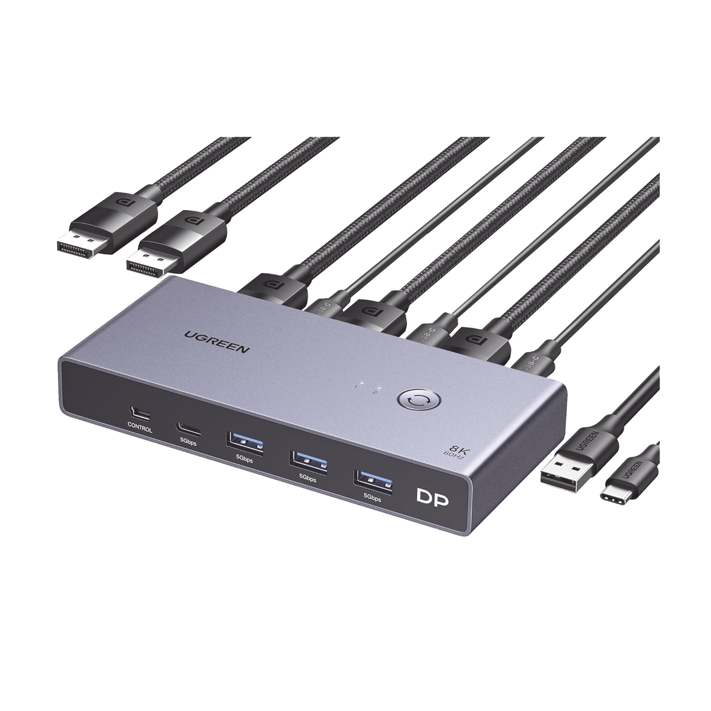 Conmutador KVM DisplayPort 8K | DP 1.4 | 2 Entradas 1 Salida | 4 Puertos USB 3.0 (3 USBA *1 USBC) | Soporta 8K@60Hz | HDR | Control de Escritorio | Carcasa de Aluminio | Indicador Led | Compatible Win, MacOs y Linux.