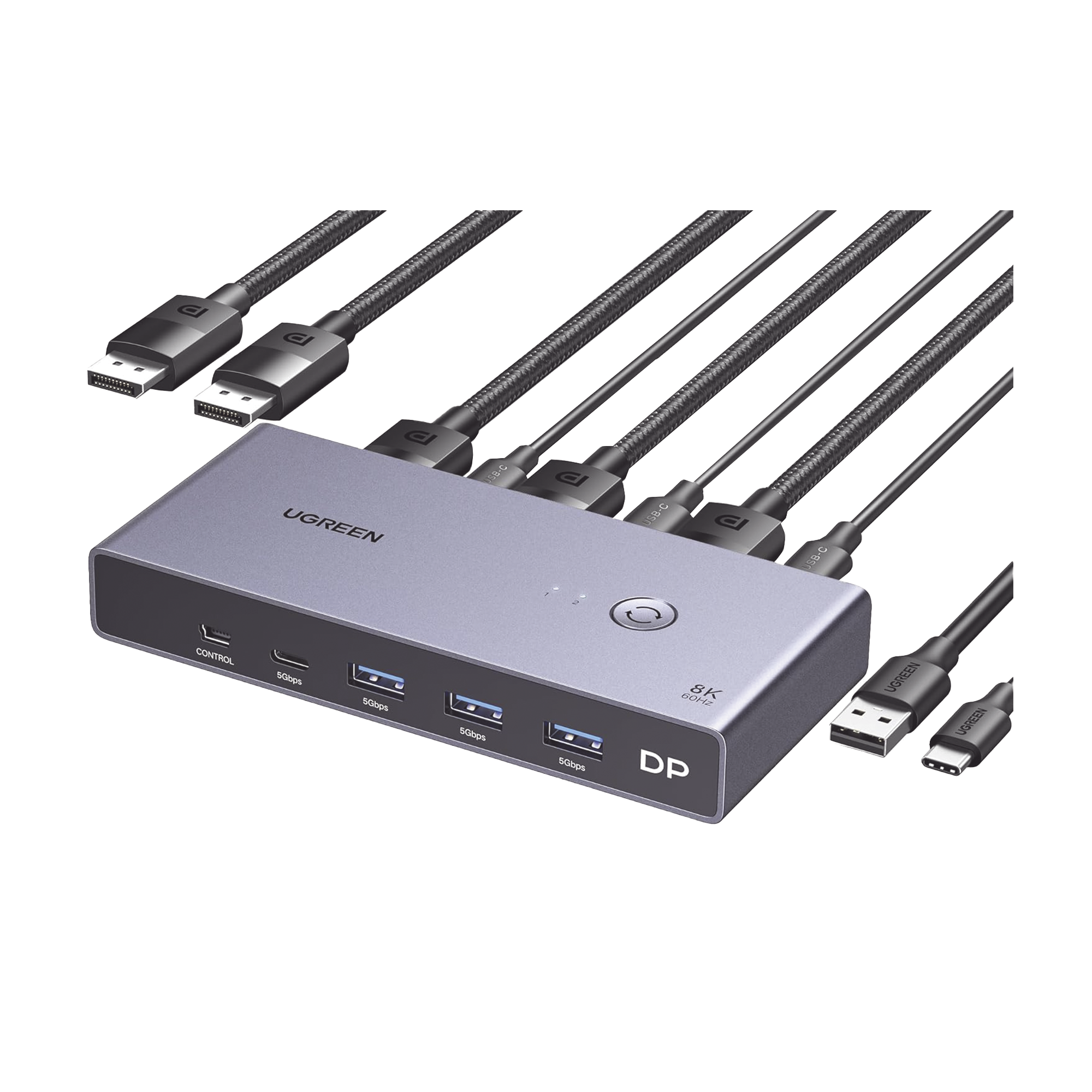 Conmutador KVM DisplayPort 8K | DP 1.4 | 2 Entradas 1 Salida | 4 Puertos USB 3.0 (3 USBA *1 USBC) | Soporta 8K@60Hz | HDR | Control de Escritorio | Carcasa de Aluminio | Indicador Led | Compatible Win, MacOs y Linux.