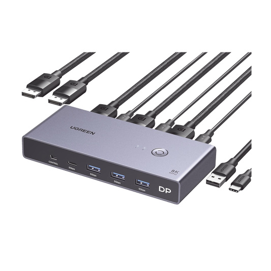 Conmutador KVM DisplayPort 8K | DP 1.4 | 2 Entradas 1 Salida | 4 Puertos USB 3.0 (3 USBA *1 USBC) | Soporta 8K@60Hz | HDR | Control de Escritorio | Carcasa de Aluminio | Indicador Led | Compatible Win, MacOs y Linux.