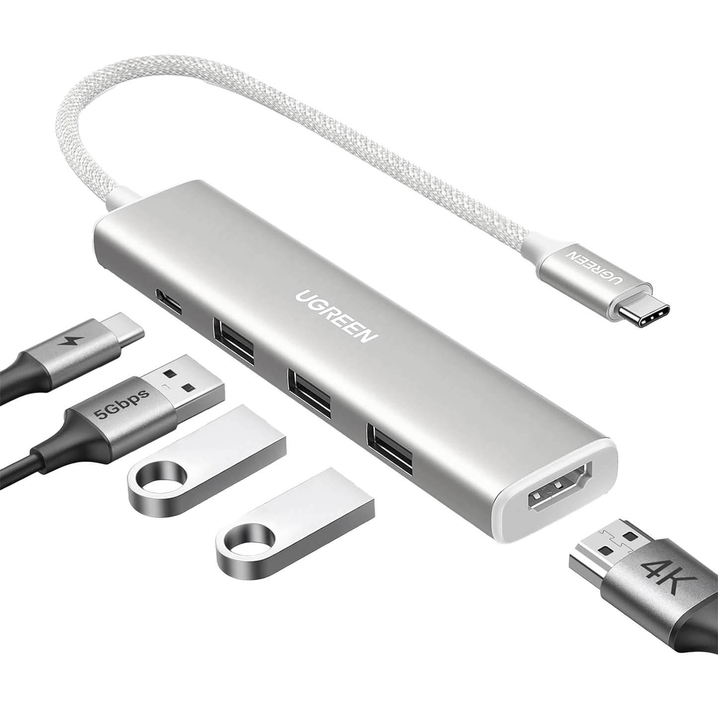 HUB USB-C (Docking Revodok) 5 en 1 | HDMI 2.0 4K@30Hz | 3 USB-A 3.0 (5Gbps) | USB-C PD Carga 100W | Chip de Última Generación | Cable de Nylon Trenzado de 25 cm | Carcasa de Aluminio | Color Blanco.