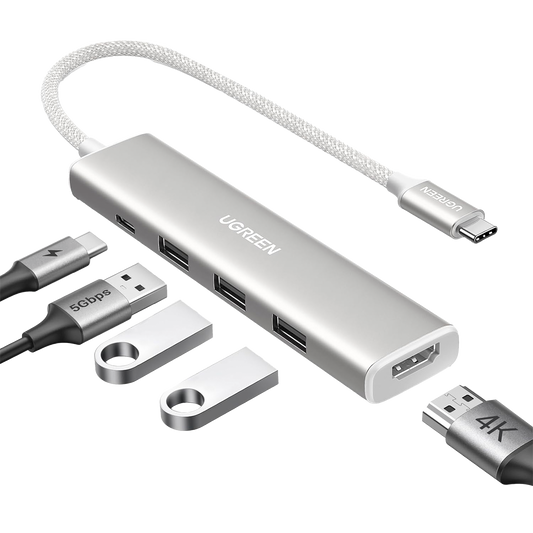 HUB USB-C (Docking Revodok) 5 en 1 | HDMI 2.0 4K@30Hz | 3 USB-A 3.0 (5Gbps) | USB-C PD Carga 100W | Chip de Última Generación | Cable de Nylon Trenzado de 25 cm | Carcasa de Aluminio | Color Blanco.