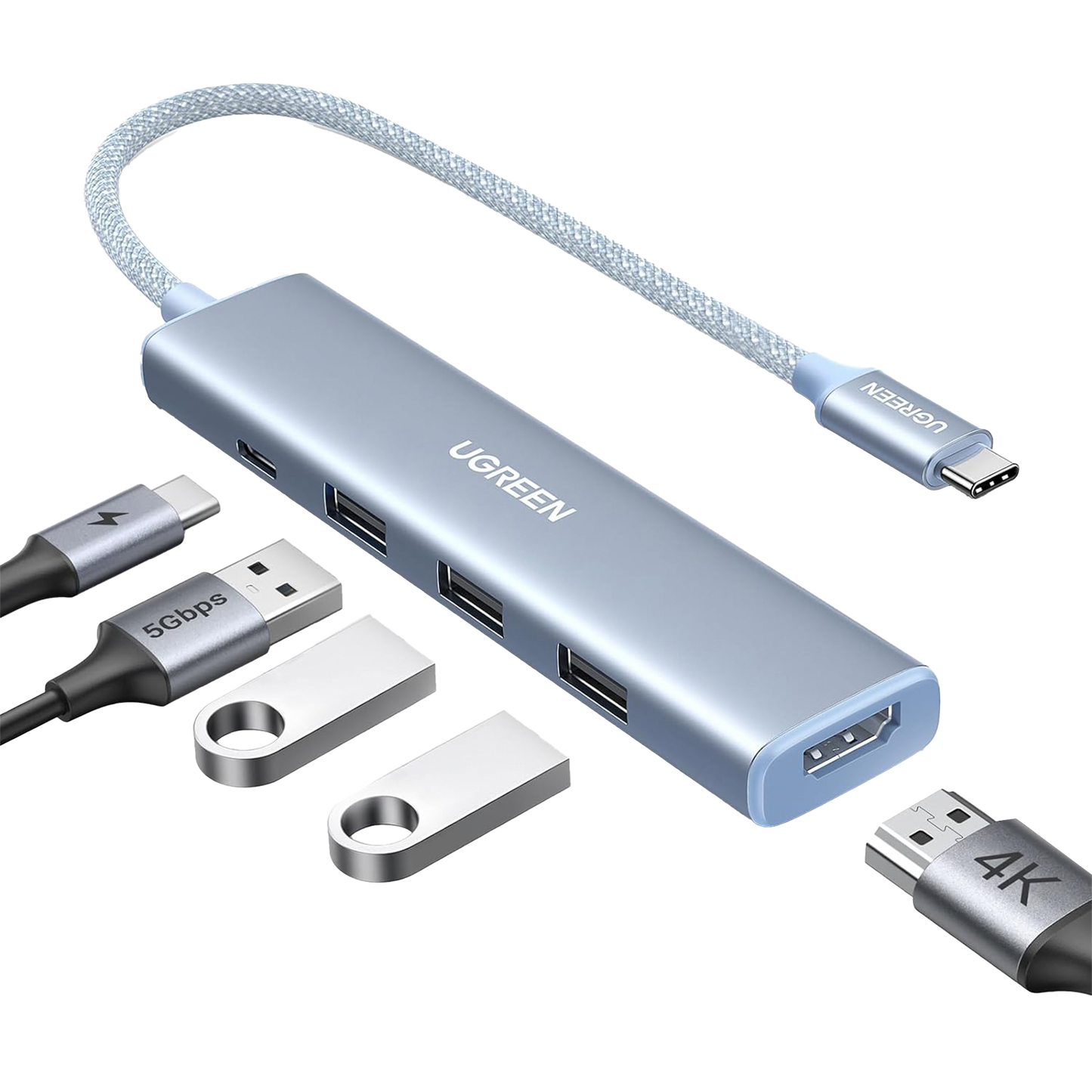 HUB USB-C (Docking Revodok) 5 en 1 | HDMI 2.0 4K@30Hz | 3 USB-A 3.0 (5Gbps) | USB-C PD Carga 100W | Chip de Última Generación | Cable de Nylon Trenzado de 25 cm | Carcasa de Aluminio | Color Azul.