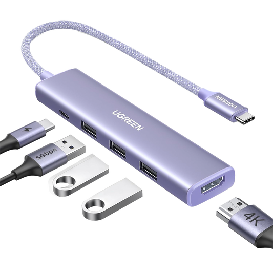 HUB USB-C (Docking Revodok) 5 en 1 | HDMI 2.0 4K@30Hz | 3 USB-A 3.0 (5Gbps) | USB-C PD Carga 100W | Chip de Última Generación | Cable de Nylon Trenzado de 25 cm | Carcasa de Aluminio | Color Morado.