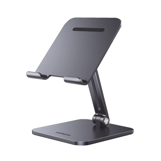 Soporte de Aluminio para IPad & Tablet | Plegable |Angulo Ajustable de 180° y 270° | Base Antideslizante | Protección  de Silicona | Amplia Compatibilidad con dispositivos de 7.9'' a 12.9'' | Aluminio Solido | Color Gris