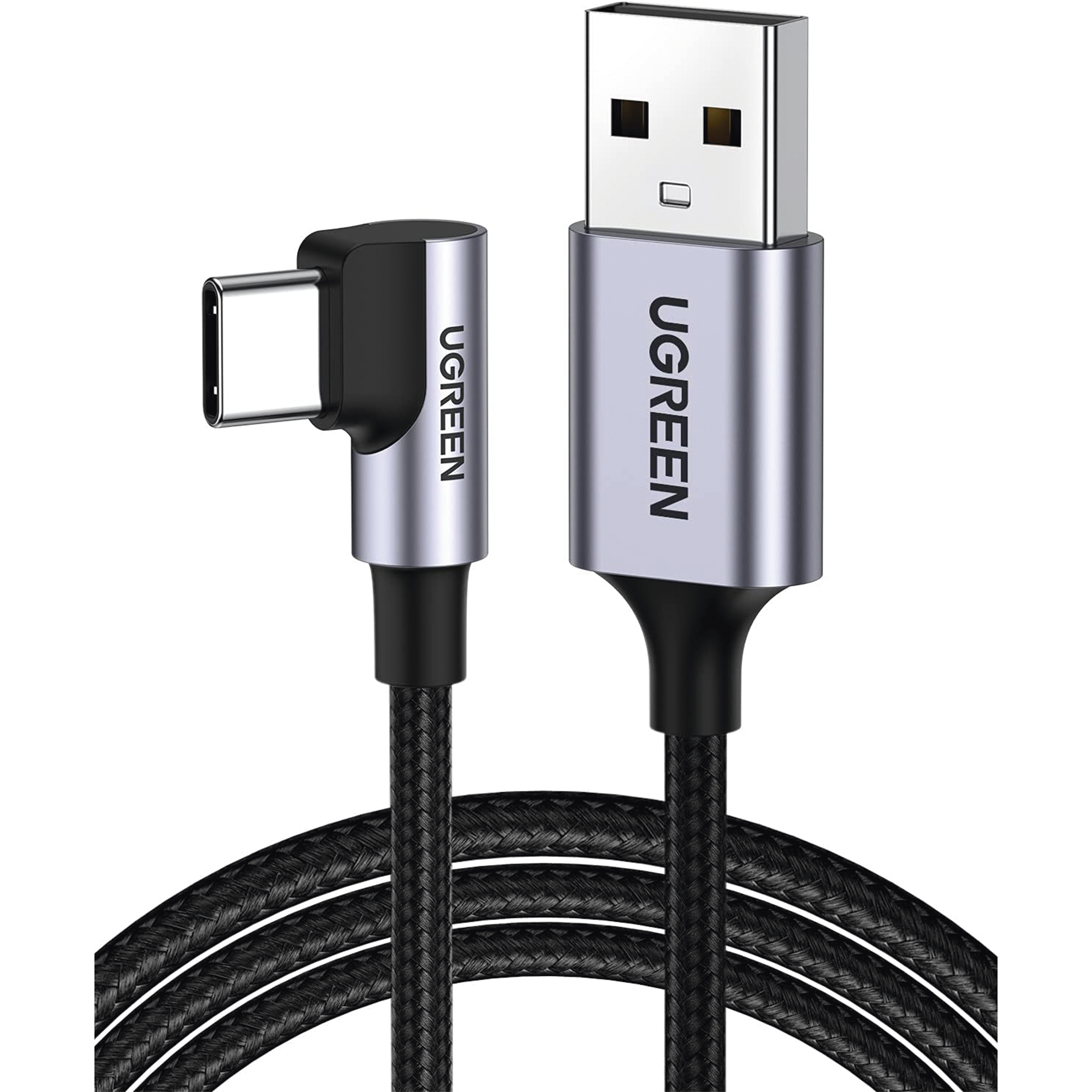 Cable USB-A a USB-C | 2 Metros | Conector con Ángulo Recto de 90° | Carga Rápida de hasta 60W | 480 Mbps | PD3.0 | QC /3.0/2.0 | FPC | AFC | Protección Integrada| Caja de Aluminio | Nylon Trenzado | Color Negro | 2 años de