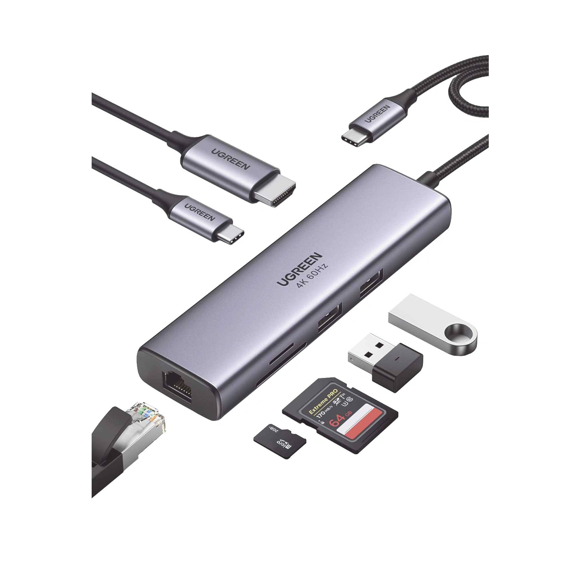 HUB USB-C (Docking Station) 7 en 1 | 2 USB-A 3.0 (5Gbps) | 1 USB-C PD Carga 100W | HDMI 4K@60Hz | RJ45 (Gigabit Ethernet) | Lector Tarjetas SD + Micro SD (TF) Uso Simultáneo | Cable de Nylon Trenzado | Caja de Aluminio.