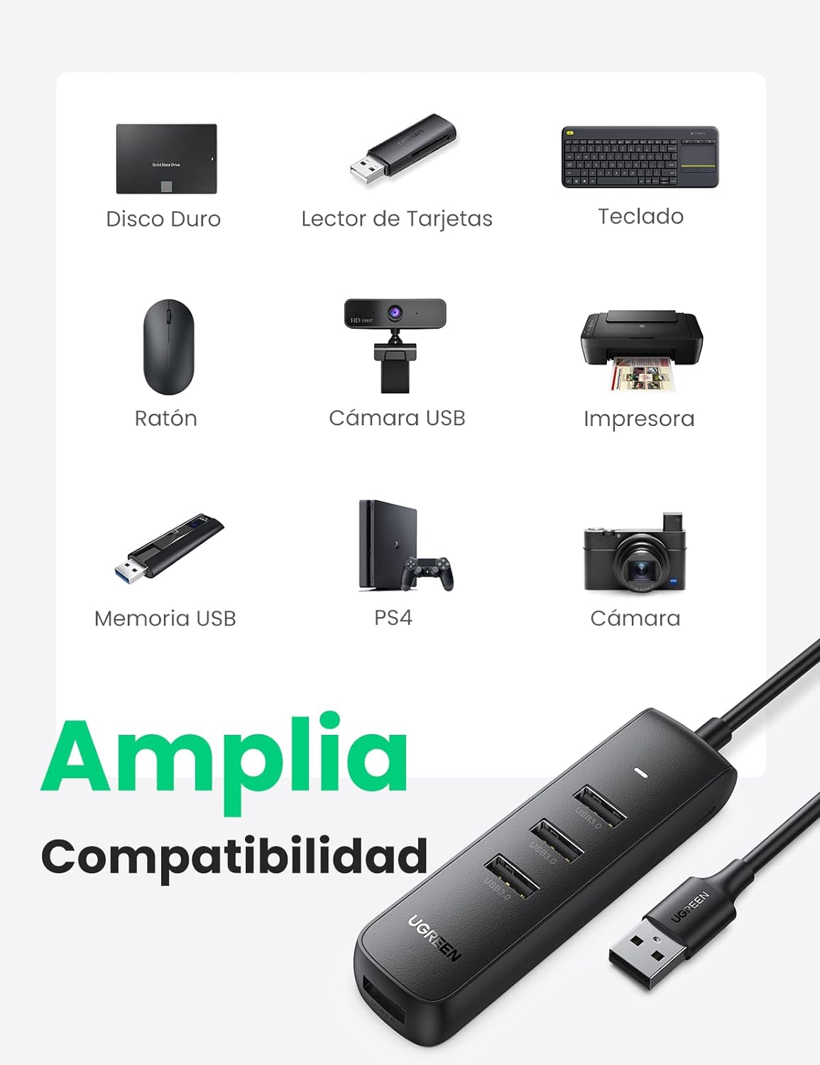 HUB USB-A 3.0 4 en 1 | 4 Puertos USB-A 3.0 (5Gbps) | Cable de 25 cm | Indicador Led | Ideal para Transferencia de Datos | Entrada USB-C para alimentar equipos de mayor consumo como discos duros | Color Negro.