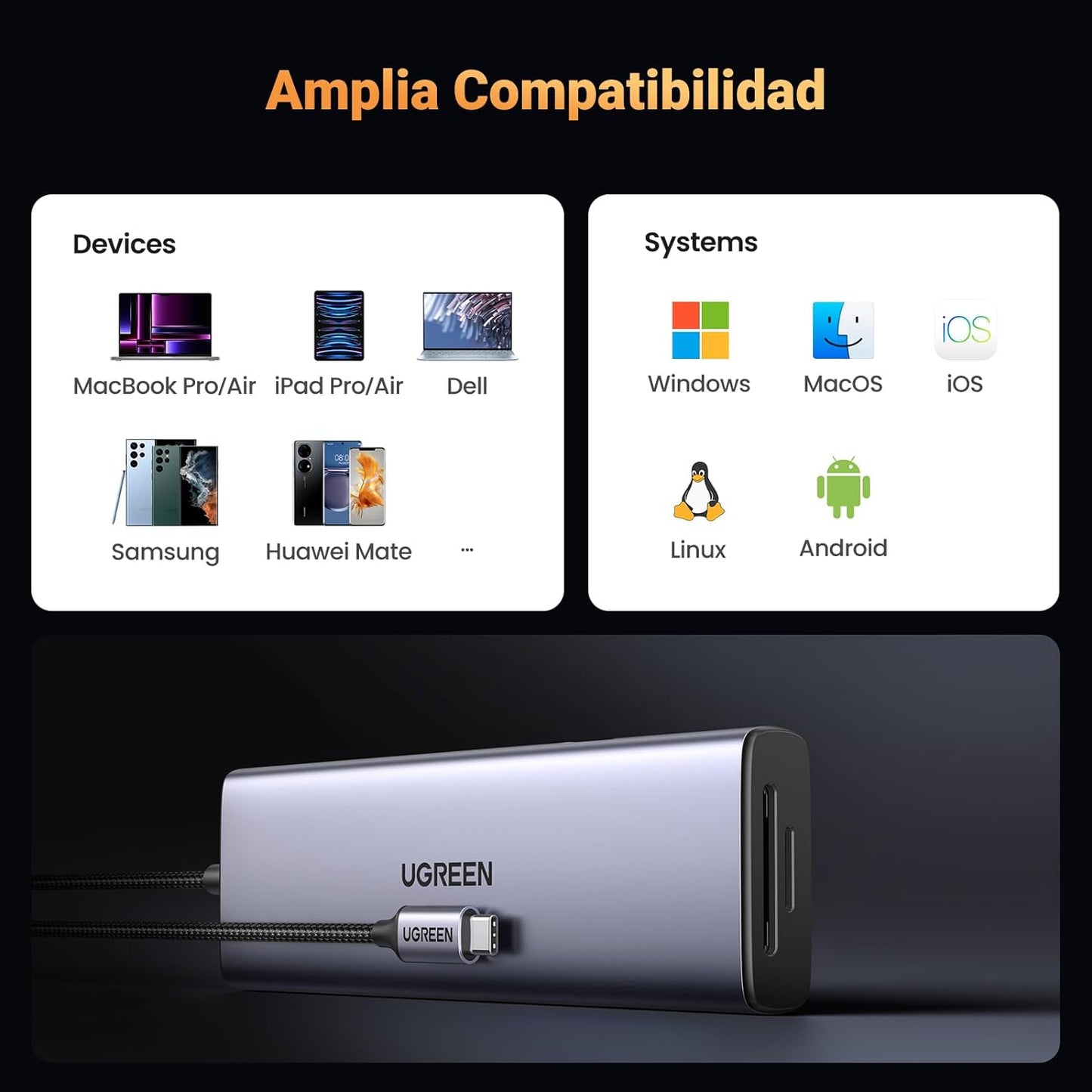 HUB USB-C (Docking Revodok) 9 en 1 | 2 USB-A 3.0 (5Gbps) | 2 USB-C (5Gbps) | USB-C PD Carga 100W | HDMI 4K@60Hz | RJ45 (Gigabit Ethernet) | Lector Tarjetas SD + Micro SD (TF) Simultáneo | Chip de Última Generación | Caja de Aluminio.