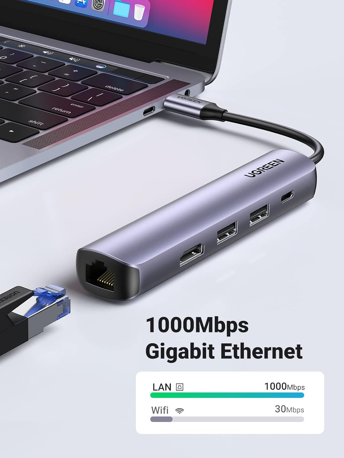 HUB USB-C (Docking Station) 5 en 1 | Ultra Delgado | 2 USB-A 3.1 a (5 Gbps) | HDMI 4K@60Hz | RJ45 (Gigabit Ethernet) | USB-C PD Carga Rápida 100W | Soporta OTG | Chips Inteligentes | Pequeño y Ligero | Caja de Aluminio.