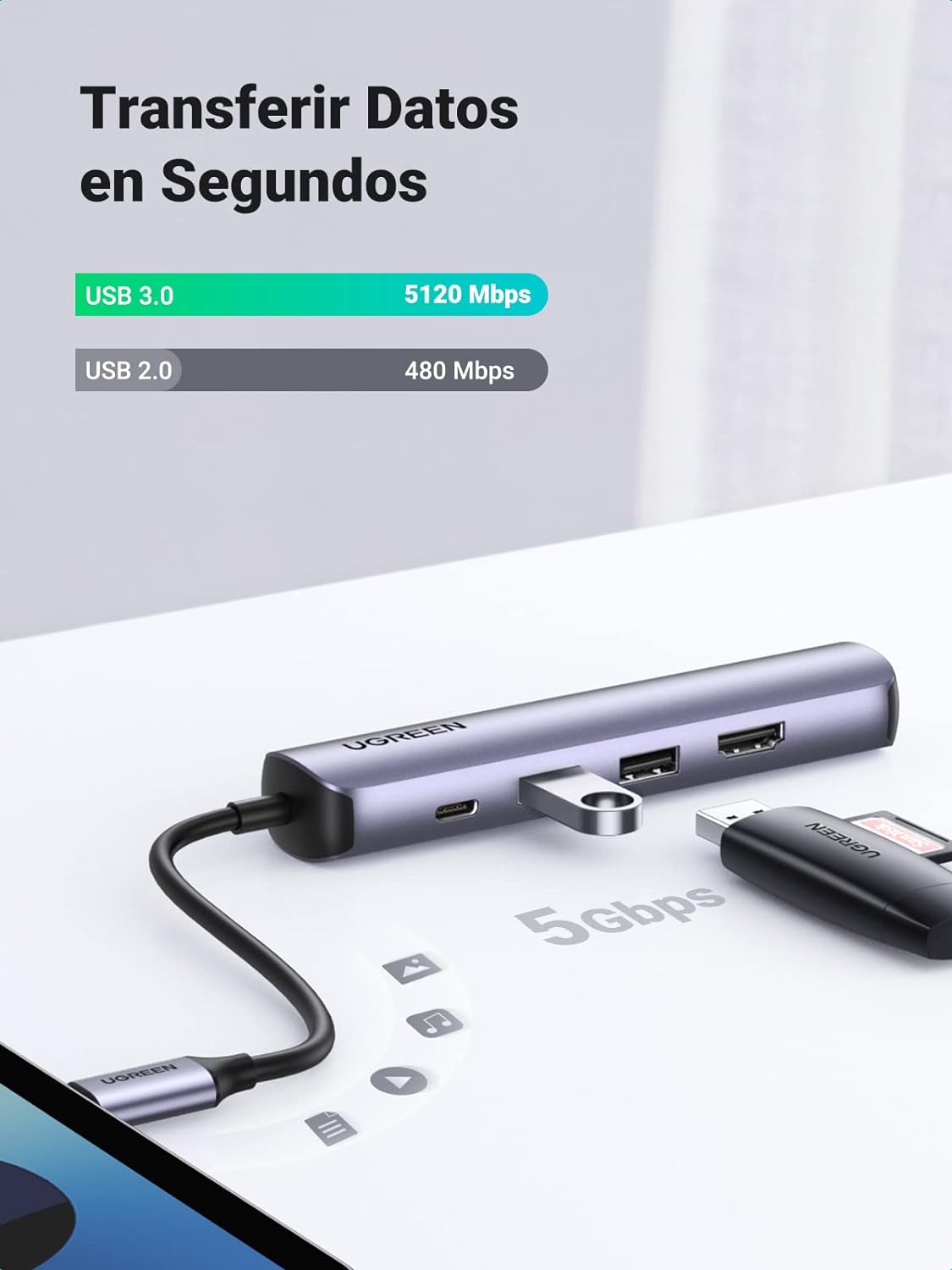 HUB USB-C (Docking Station) 5 en 1 | Ultra Delgado | 2 USB-A 3.1 a (5 Gbps) | HDMI 4K@60Hz | RJ45 (Gigabit Ethernet) | USB-C PD Carga Rápida 100W | Soporta OTG | Chips Inteligentes | Pequeño y Ligero | Caja de Aluminio.