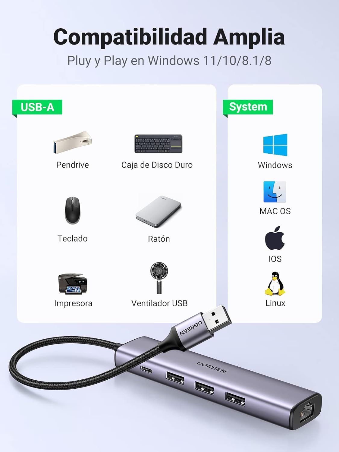 HUB USB-A (Docking Station) 5 en 1 | 3 USB-A 3.0 (5Gbps) | 1 RJ45 (Gigabit Ethernet) | Entrada Micro USB | Luz Indicadora LED | Doble Chip de Última Generación | Caja ABS + PC | Interfaz Niquelada | Color Gris Metalizado.