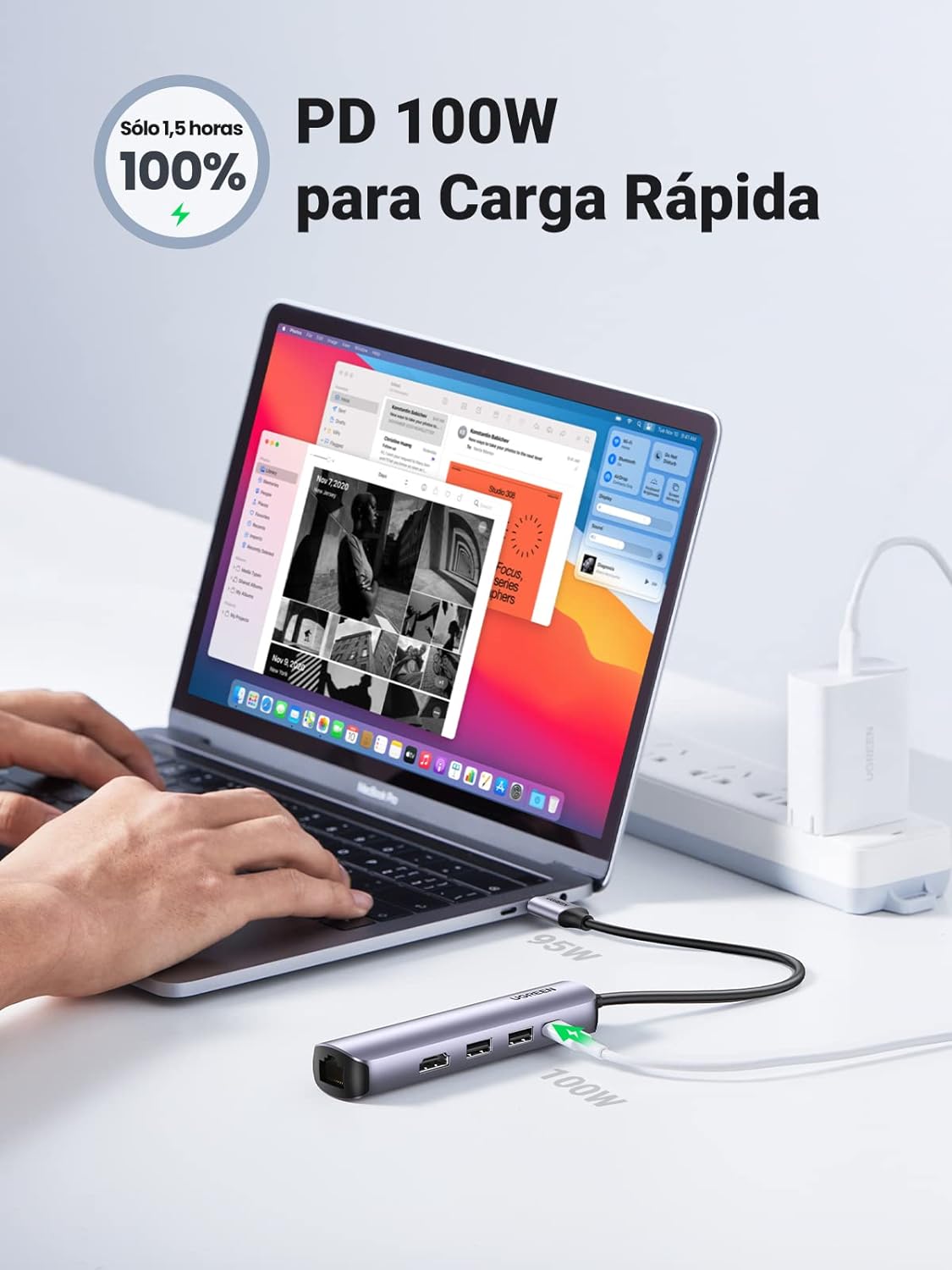 HUB USB-C (Docking Station) 5 en 1 | Ultra Delgado | 2 USB-A 3.1 a (5 Gbps) | HDMI 4K@60Hz | RJ45 (Gigabit Ethernet) | USB-C PD Carga Rápida 100W | Soporta OTG | Chips Inteligentes | Pequeño y Ligero | Caja de Aluminio.