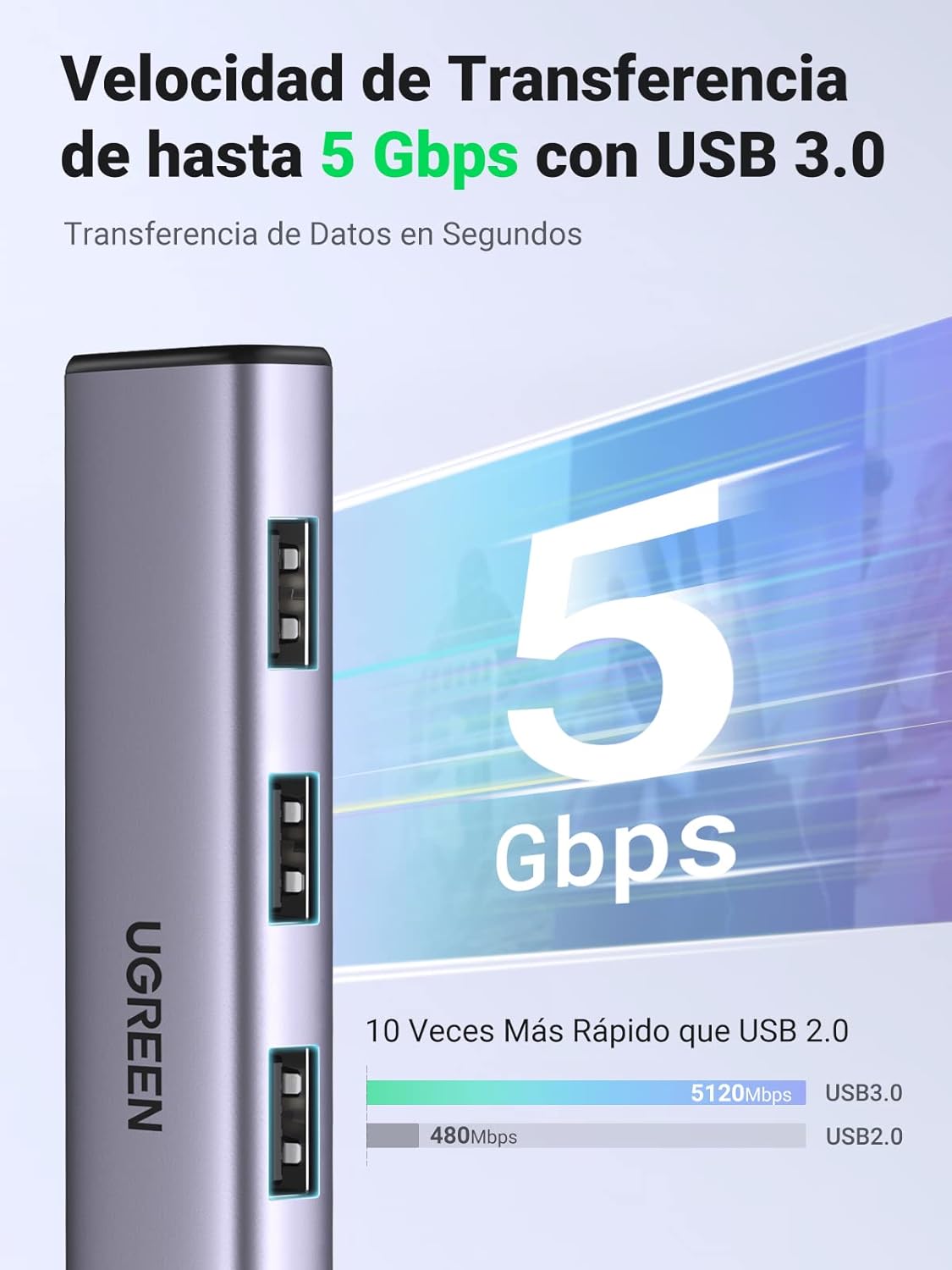 HUB USB-A (Docking Station) 5 en 1 | 3 USB-A 3.0 (5Gbps) | 1 RJ45 (Gigabit Ethernet) | Entrada Micro USB | Luz Indicadora LED | Doble Chip de Última Generación | Caja ABS + PC | Interfaz Niquelada | Color Gris Metalizado.