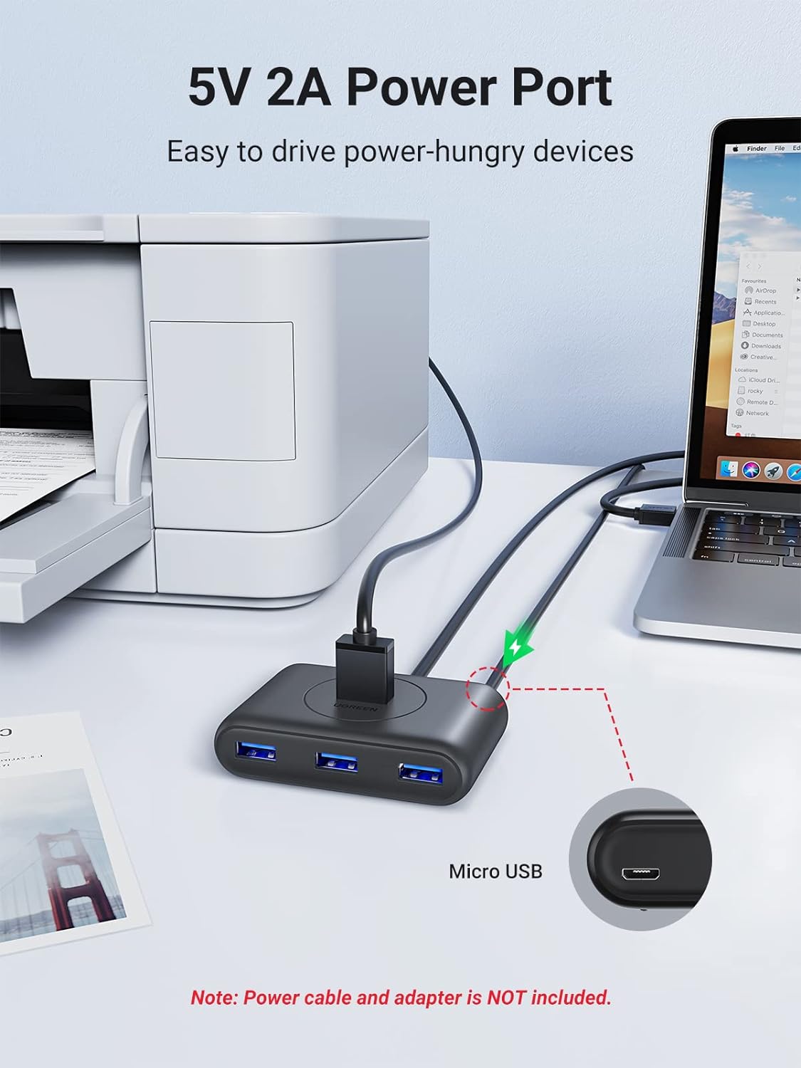 HUB USB-A 3.0 4 en 1 | 4 Puertos USB-A 3.0 (5Gbps) | Entrada USB-C (PD 5V2A) | Cable de 1 Metro | Indicador Led | Ideal para Transferencia de Datos | Entrada USB-C para alimentar equipos de mayor consumo | Color Negro.