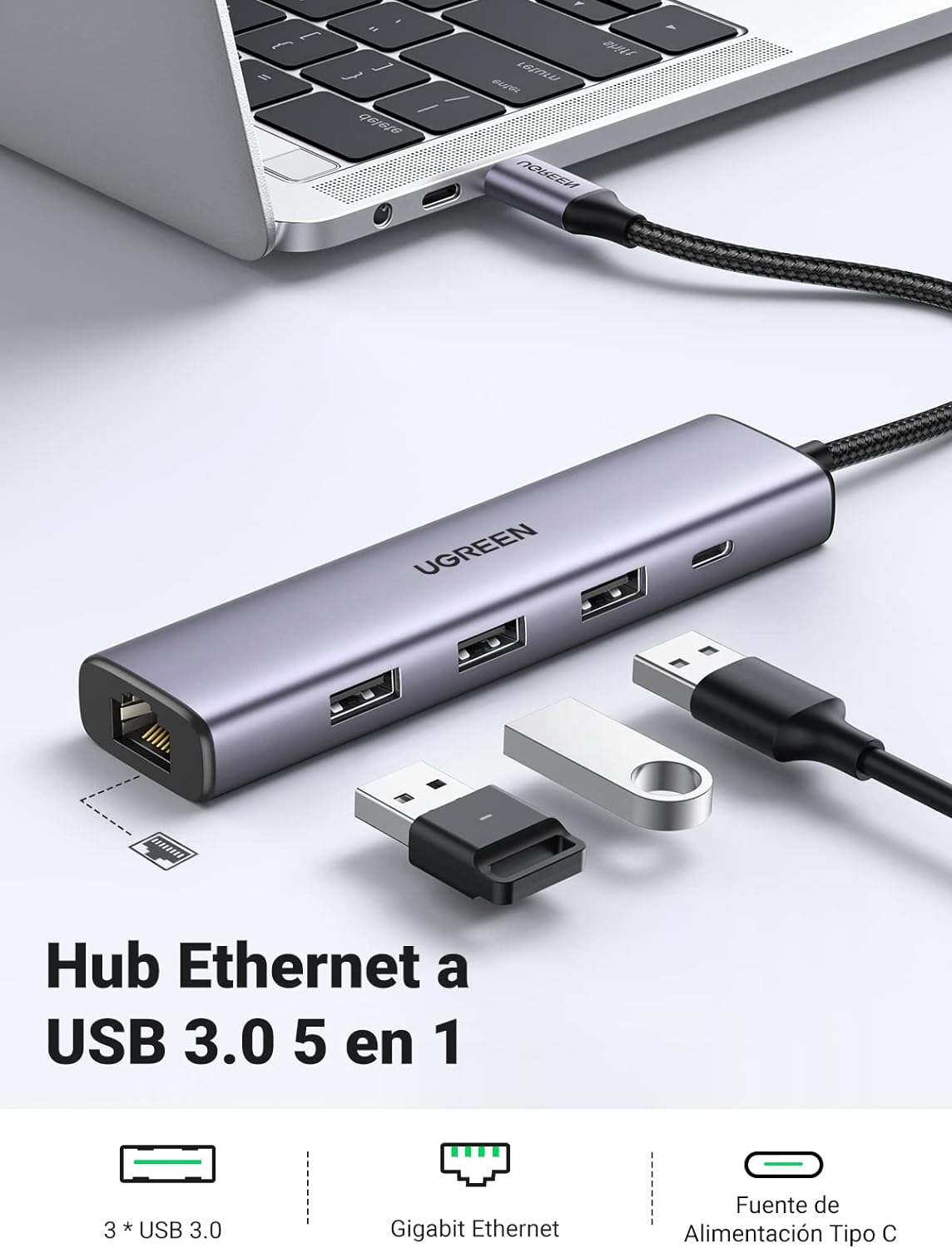 HUB USB-A (Docking Station) 5 en 1 | 3 USB-A 3.0 (5Gbps) | 1 RJ45 (Gigabit Ethernet) | Entrada Micro USB | Luz Indicadora LED | Doble Chip de Última Generación | Caja ABS + PC | Interfaz Niquelada | Color Gris Metalizado.