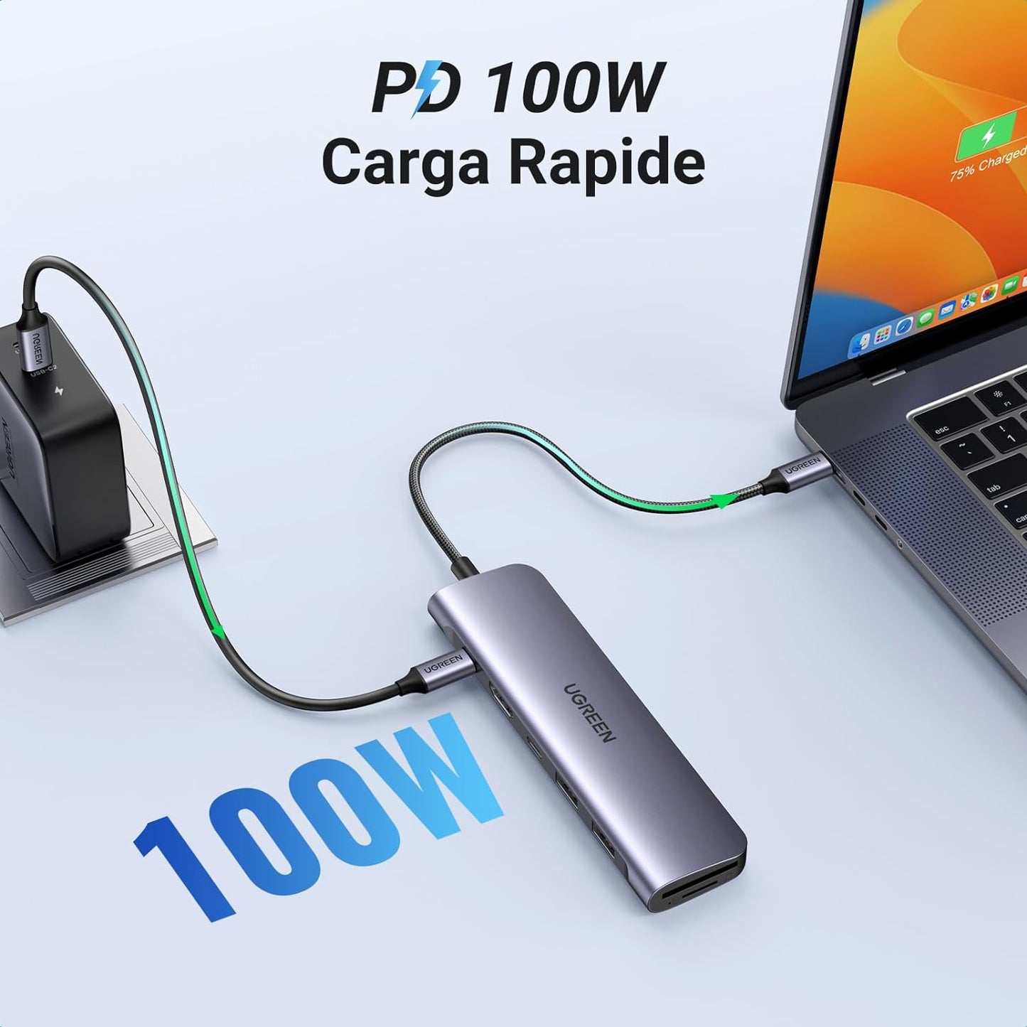 HUB USB-C (Docking Revodok) 7 en 1 | 2 USB-A 3.0 | 1 USB-C 3.0 (5Gbps) | 1 USB-C PD Carga 100W | HDMI 4K | Lector Tarjetas SD + Micro SD (TF) Uso Simultáneo | Chip de Última Generación | Cable de Nylon Trenzado | Caja de Aluminio.