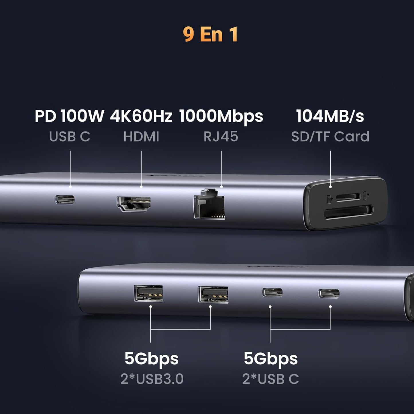 HUB USB-C (Docking Revodok) 9 en 1 | 2 USB-A 3.0 (5Gbps) | 2 USB-C (5Gbps) | USB-C PD Carga 100W | HDMI 4K@60Hz | RJ45 (Gigabit Ethernet) | Lector Tarjetas SD + Micro SD (TF) Simultáneo | Chip de Última Generación | Caja de Aluminio.