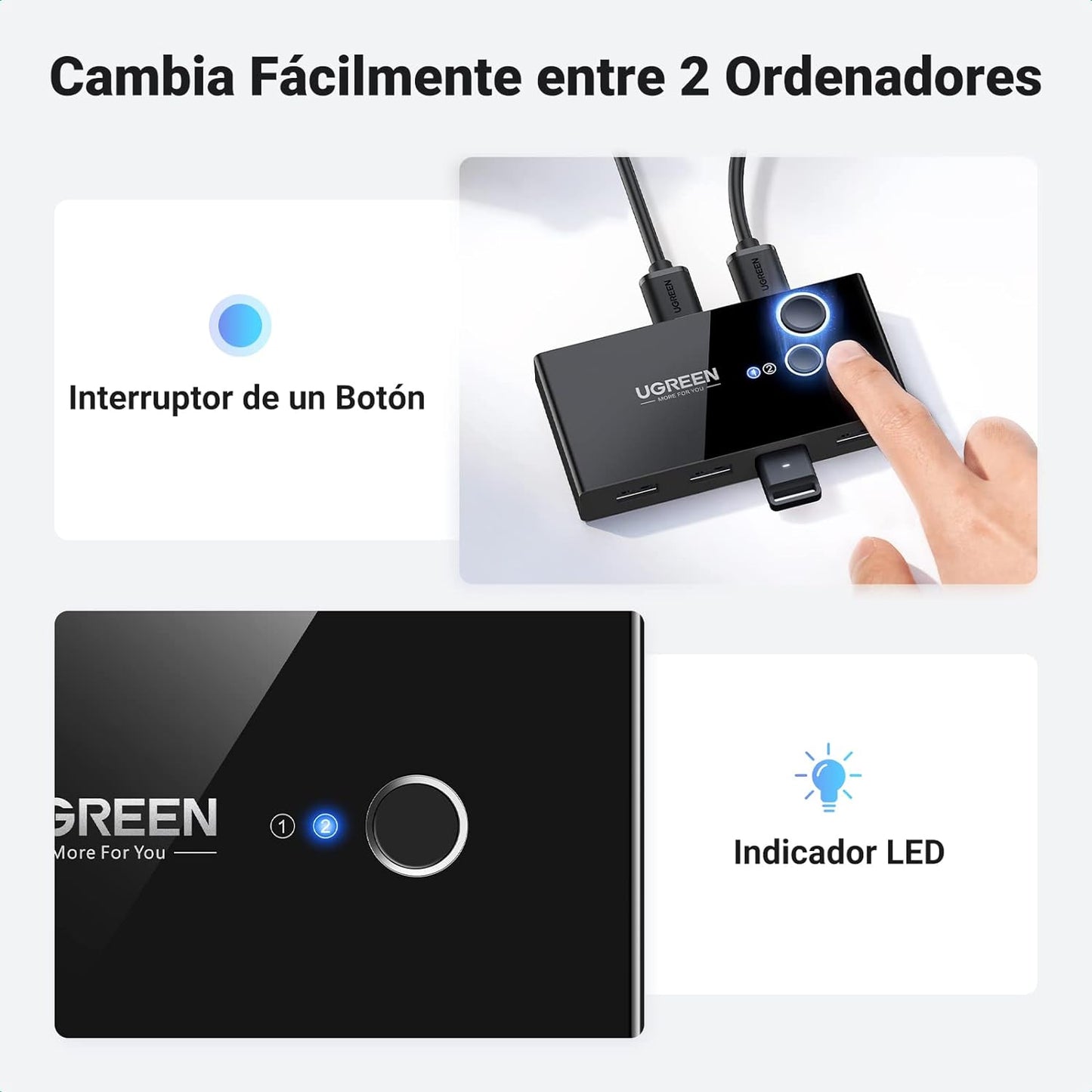 Conmutador USB para Compartir 4 Puertos USB 3.0 a 2 PC ?s | Cambio Mediante Botón | Incluye Dos Cables USB de 1.5 m | ABS | Permite que 2 Usuarios Compartan 4 Dispositivos Periféricos USB3.0, como una impresora, un escáner, etc.