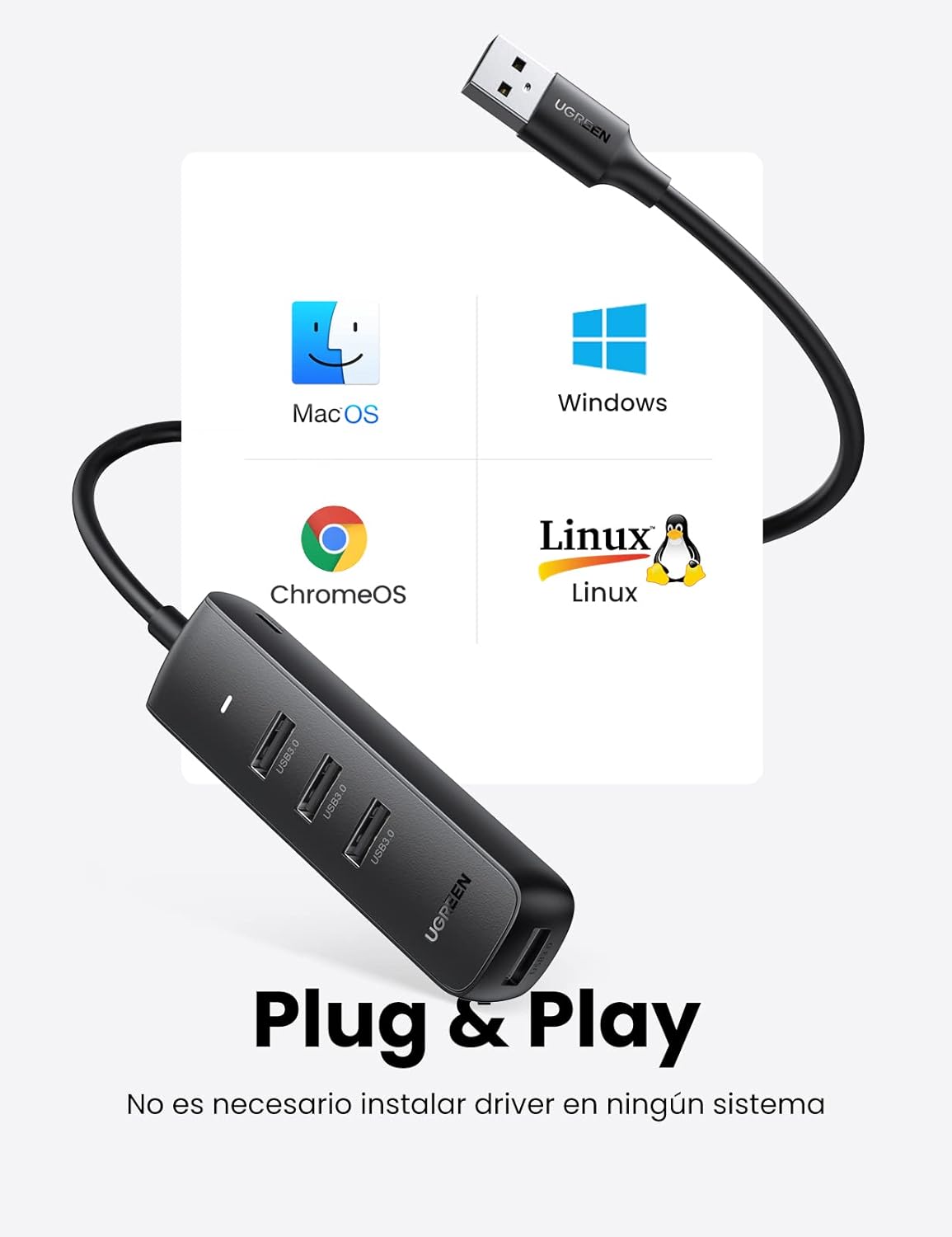 HUB USB-A 3.0 4 en 1 | 4 Puertos USB-A 3.0 (5Gbps) | Cable de 25 cm | Indicador Led | Ideal para Transferencia de Datos | Entrada USB-C para alimentar equipos de mayor consumo como discos duros | Color Negro.