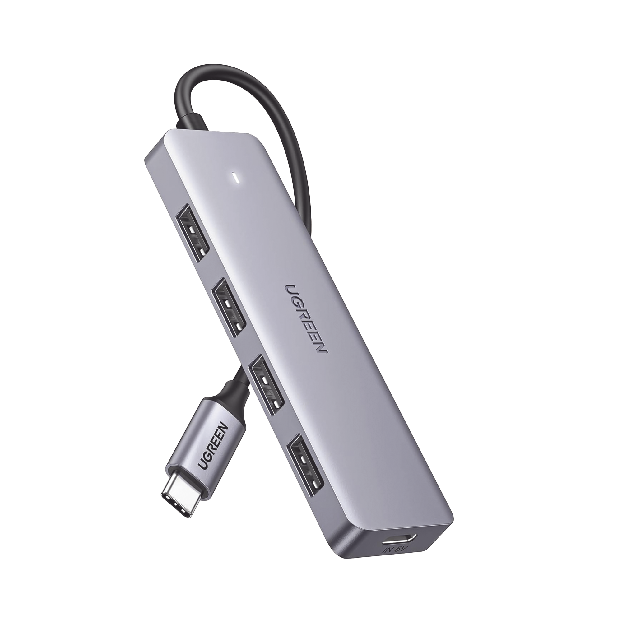 HUB USB-C 3.0 4 EN 1 | 4 Puertos USB-A (5Gbps) | Carcasa ABS + PC | Soporta OTG | Luz Indicadora LED | Compatible con iPhone 15 Pro MAX) | Interfaz Niquelada | Color Gris Metalizado | Cable de 15cm.