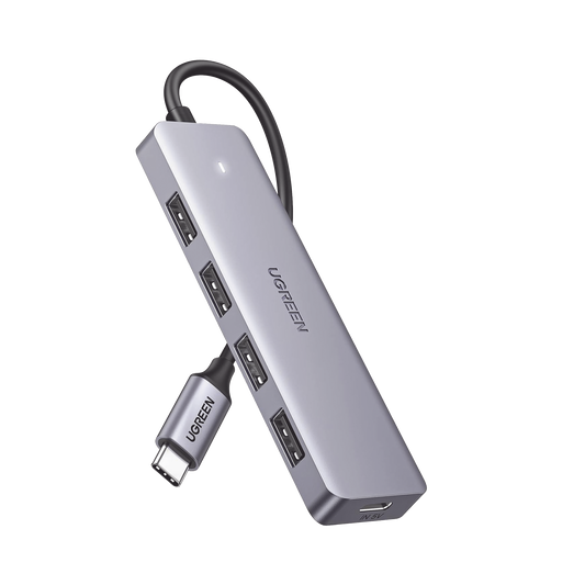 HUB USB-C 3.0 4 EN 1 | 4 Puertos USB-A (5Gbps) | Carcasa ABS + PC | Soporta OTG | Luz Indicadora LED | Compatible con iPhone 15 Pro MAX) | Interfaz Niquelada | Color Gris Metalizado | Cable de 15cm.