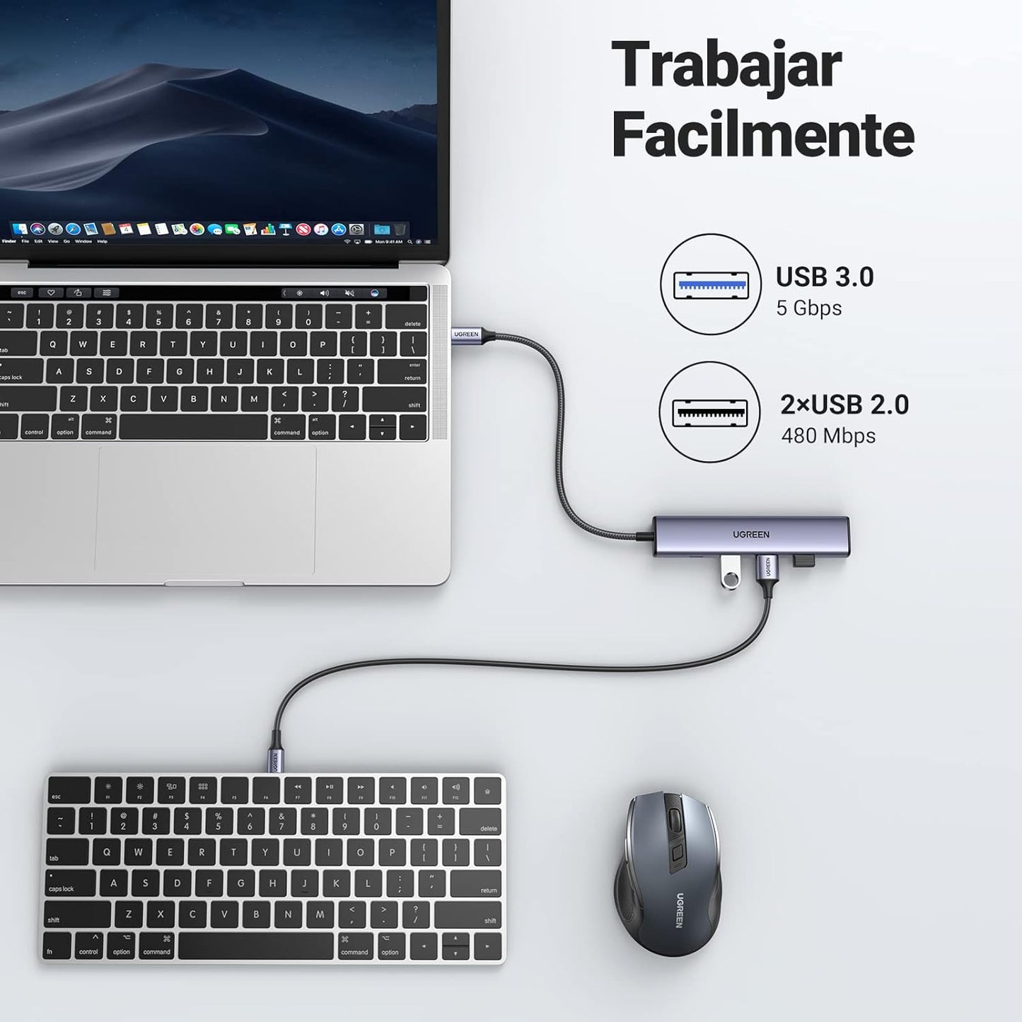 HUB USB-C (Docking Station) 5 en 1 | HDMI 2.0 4K@30Hz | 3 USB-A 3.0 (5Gbps) | USB-C PD Carga 100W | Potente Disipación de Calor | Chip de Ultima Generación | Cable de Nylon Trenzado de 25 cm | Carcasa de Aluminio.