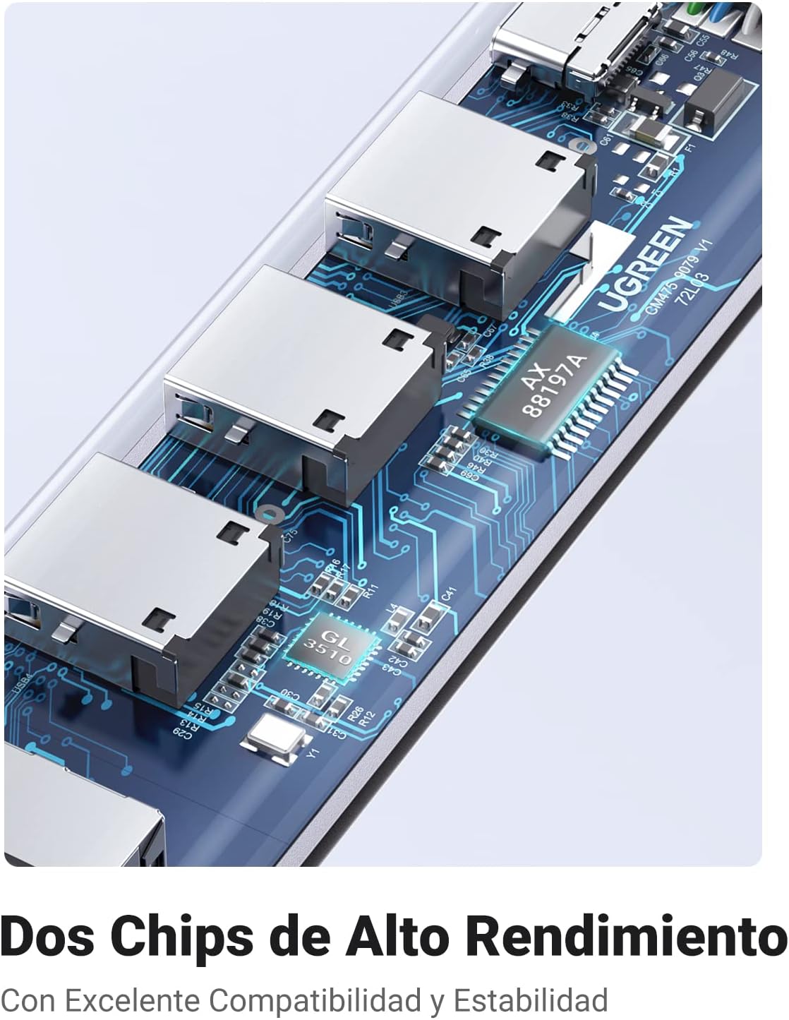 HUB USB-A (Docking Station) 5 en 1 | 3 USB-A 3.0 (5Gbps) | 1 RJ45 (Gigabit Ethernet) | Entrada Micro USB | Luz Indicadora LED | Doble Chip de Última Generación | Caja ABS + PC | Interfaz Niquelada | Color Gris Metalizado.