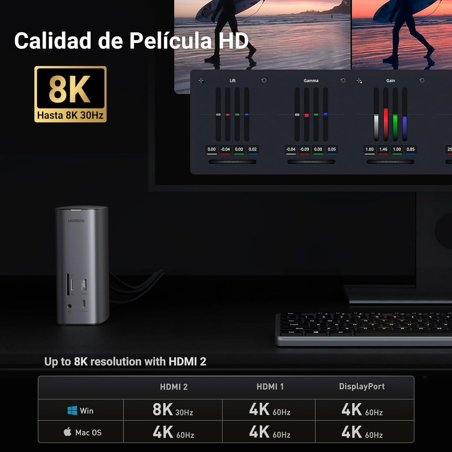 HUB USB-C (Docking Revodok Pro) 12 en 1 | 2 USB-A 3.0 | 1 USB-C PD Carga 100W | 1 USB-A 3.1 | 1 USB-C 3.1 | HDMI 4K | HDMI 8K Ultra HD | Display Port 4K | RJ45 (Gigabit) | Lector Tarjeta SD + Micro SD (TF) | Jack Audio 3.5mm.