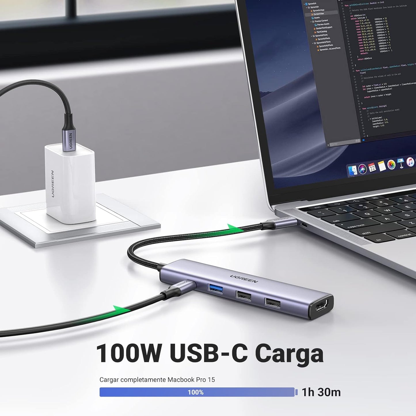 HUB USB-C (Docking Station) 5 en 1 | HDMI 2.0 4K@30Hz | 3 USB-A 3.0 (5Gbps) | USB-C PD Carga 100W | Potente Disipación de Calor | Chip de Ultima Generación | Cable de Nylon Trenzado de 25 cm | Carcasa de Aluminio.