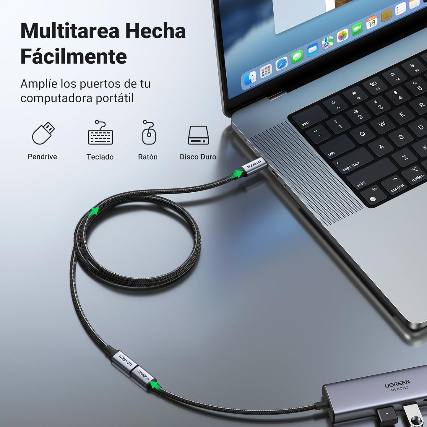 Cable USB-C Macho a USB-C Hembra | 1metro | USB-C 3.1 Gen 2 | Compatible con Thunderbolt 3 | Carcasa de Aluminio | Nylon Trenzado |  Transferencia de Datos 10 Gbps | Soporta hasta 100W para Carga Rápida.