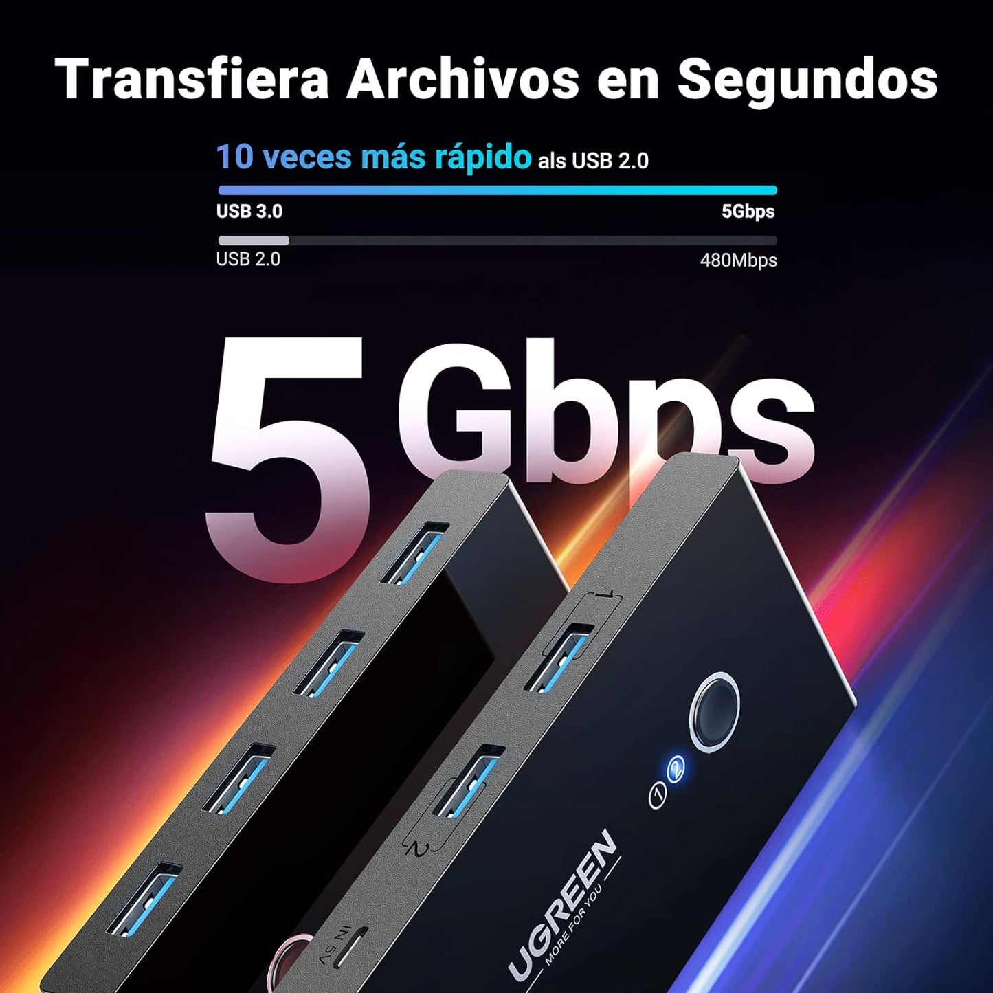 Conmutador USB para Compartir 4 Puertos USB 3.0 a 2 PC ?s | Cambio Mediante Botón | Incluye Dos Cables USB de 1.5 m | ABS | Permite que 2 Usuarios Compartan 4 Dispositivos Periféricos USB3.0, como una impresora, un escáner, etc.