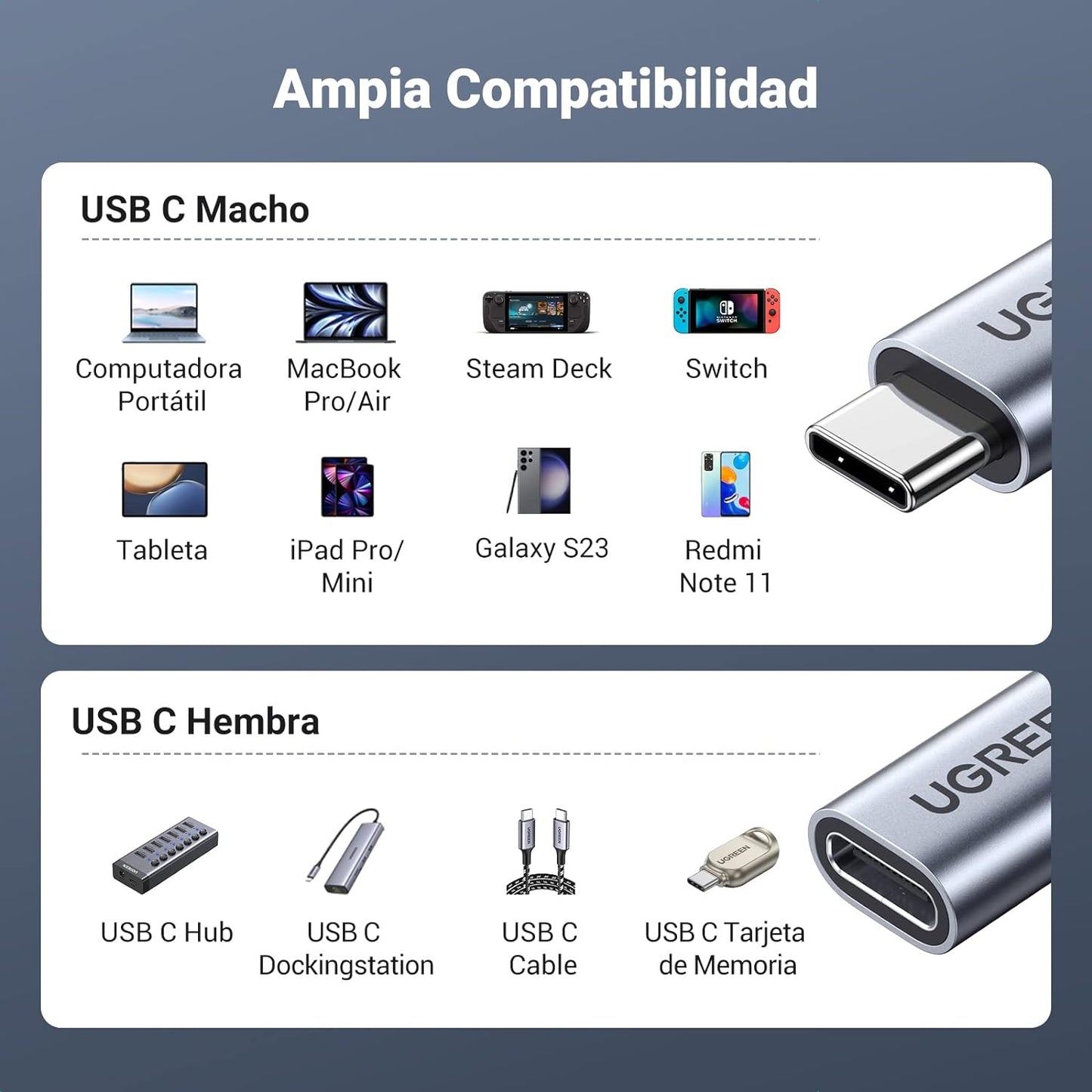 Cable USB-C Macho a USB-C Hembra | 1metro | USB-C 3.1 Gen 2 | Compatible con Thunderbolt 3 | Carcasa de Aluminio | Nylon Trenzado |  Transferencia de Datos 10 Gbps | Soporta hasta 100W para Carga Rápida.