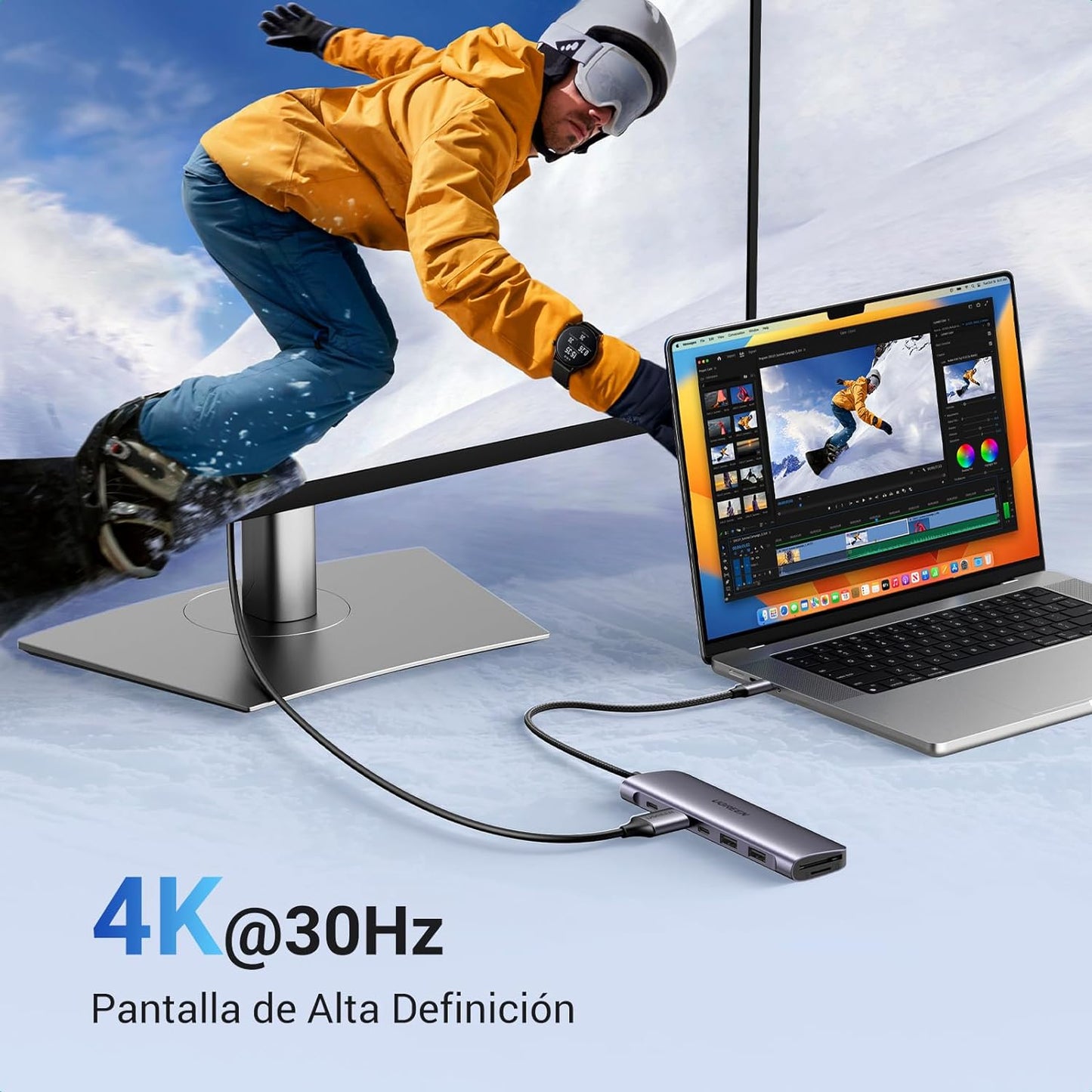 HUB USB-C (Docking Revodok) 7 en 1 | 2 USB-A 3.0 | 1 USB-C 3.0 (5Gbps) | 1 USB-C PD Carga 100W | HDMI 4K | Lector Tarjetas SD + Micro SD (TF) Uso Simultáneo | Chip de Última Generación | Cable de Nylon Trenzado | Caja de Aluminio.