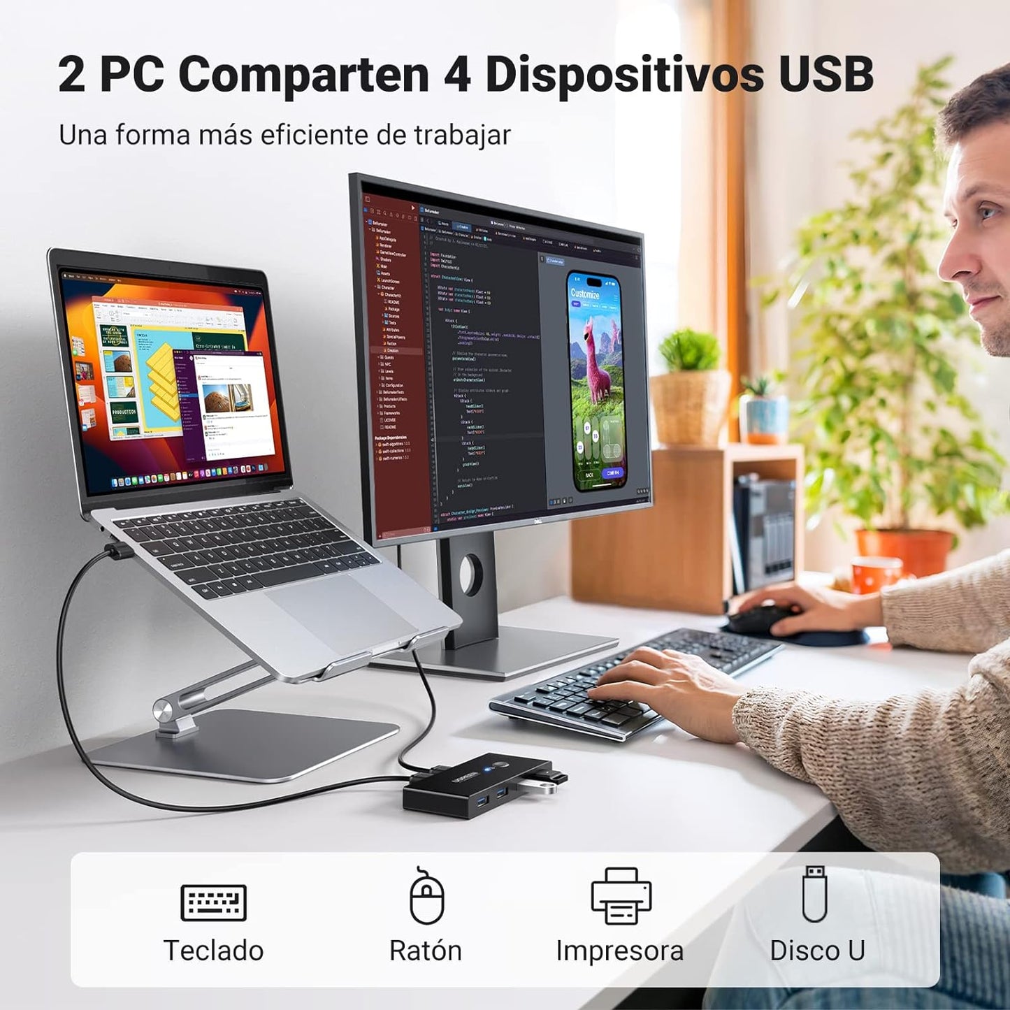 Conmutador USB para Compartir 4 Puertos USB 3.0 a 2 PC ?s | Cambio Mediante Botón | Incluye Dos Cables USB de 1.5 m | ABS | Permite que 2 Usuarios Compartan 4 Dispositivos Periféricos USB3.0, como una impresora, un escáner, etc.