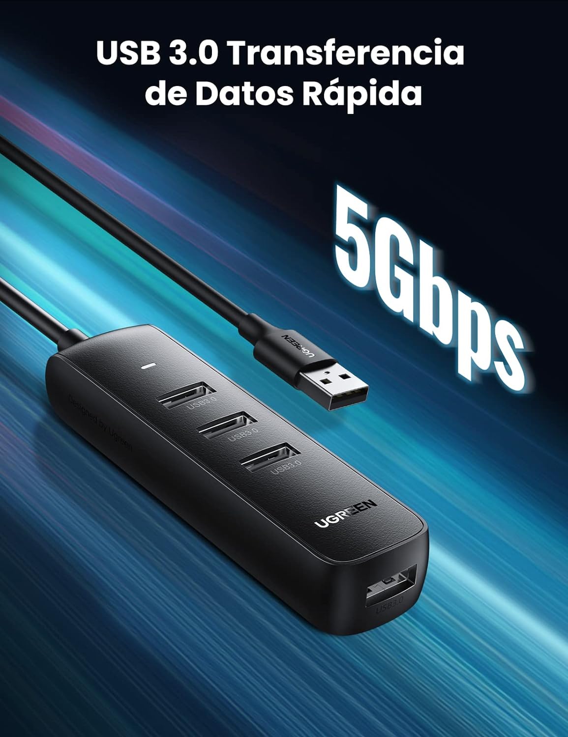 HUB USB-A 3.0 4 en 1 | 4 Puertos USB-A 3.0 (5Gbps) | Cable de 25 cm | Indicador Led | Ideal para Transferencia de Datos | Entrada USB-C para alimentar equipos de mayor consumo como discos duros | Color Negro.