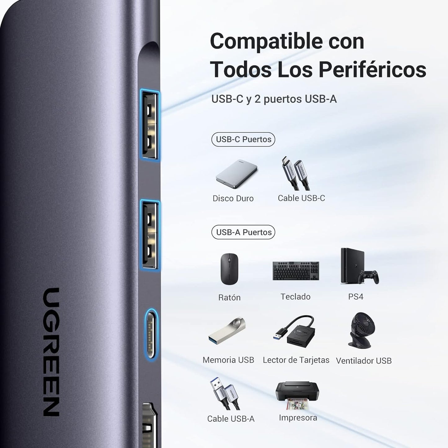 HUB USB-C (Docking Revodok) 7 en 1 | 2 USB-A 3.0 | 1 USB-C 3.0 (5Gbps) | 1 USB-C PD Carga 100W | HDMI 4K | Lector Tarjetas SD + Micro SD (TF) Uso Simultáneo | Chip de Última Generación | Cable de Nylon Trenzado | Caja de Aluminio.