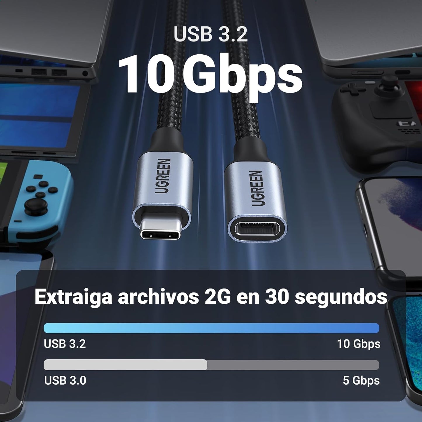 Cable USB-C Macho a USB-C Hembra | 1metro | USB-C 3.1 Gen 2 | Compatible con Thunderbolt 3 | Carcasa de Aluminio | Nylon Trenzado |  Transferencia de Datos 10 Gbps | Soporta hasta 100W para Carga Rápida.