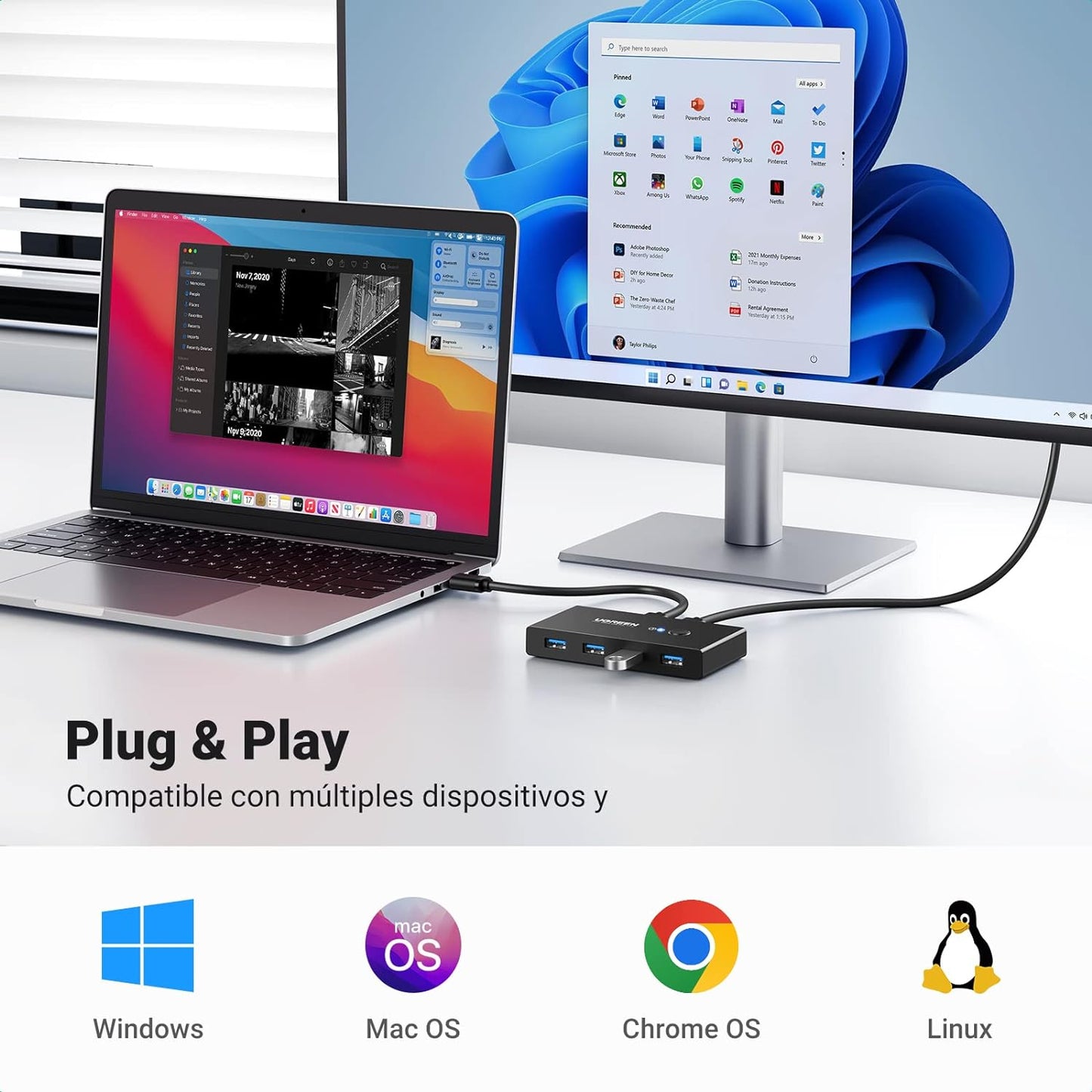 Conmutador USB para Compartir 4 Puertos USB 3.0 a 2 PC ?s | Cambio Mediante Botón | Incluye Dos Cables USB de 1.5 m | ABS | Permite que 2 Usuarios Compartan 4 Dispositivos Periféricos USB3.0, como una impresora, un escáner, etc.