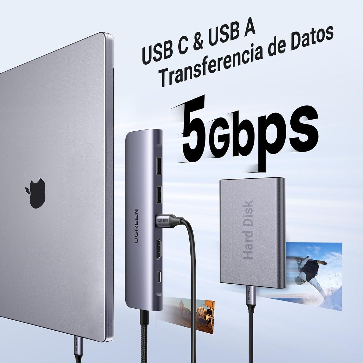 HUB USB-C (Docking Revodok) 7 en 1 | 2 USB-A 3.0 | 1 USB-C 3.0 (5Gbps) | 1 USB-C PD Carga 100W | HDMI 4K | Lector Tarjetas SD + Micro SD (TF) Uso Simultáneo | Chip de Última Generación | Cable de Nylon Trenzado | Caja de Aluminio.