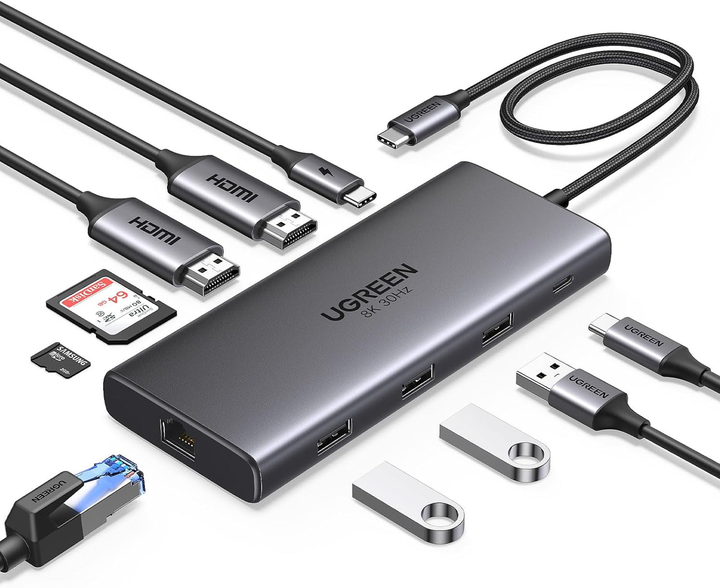 HUB USB-C (Docking Revodok Pro 210) 10 en 1 | 2 Puertos HDMI 8K,4K@60Hz | 3 USB-A | USB-C (5Gbps) | USB-C PD Carga 100W | RJ45 (Gigabit Ethernet) | Lector Tarjetas SD + Micro SD (TF) Simultáneo | Carcasa de Aluminio.