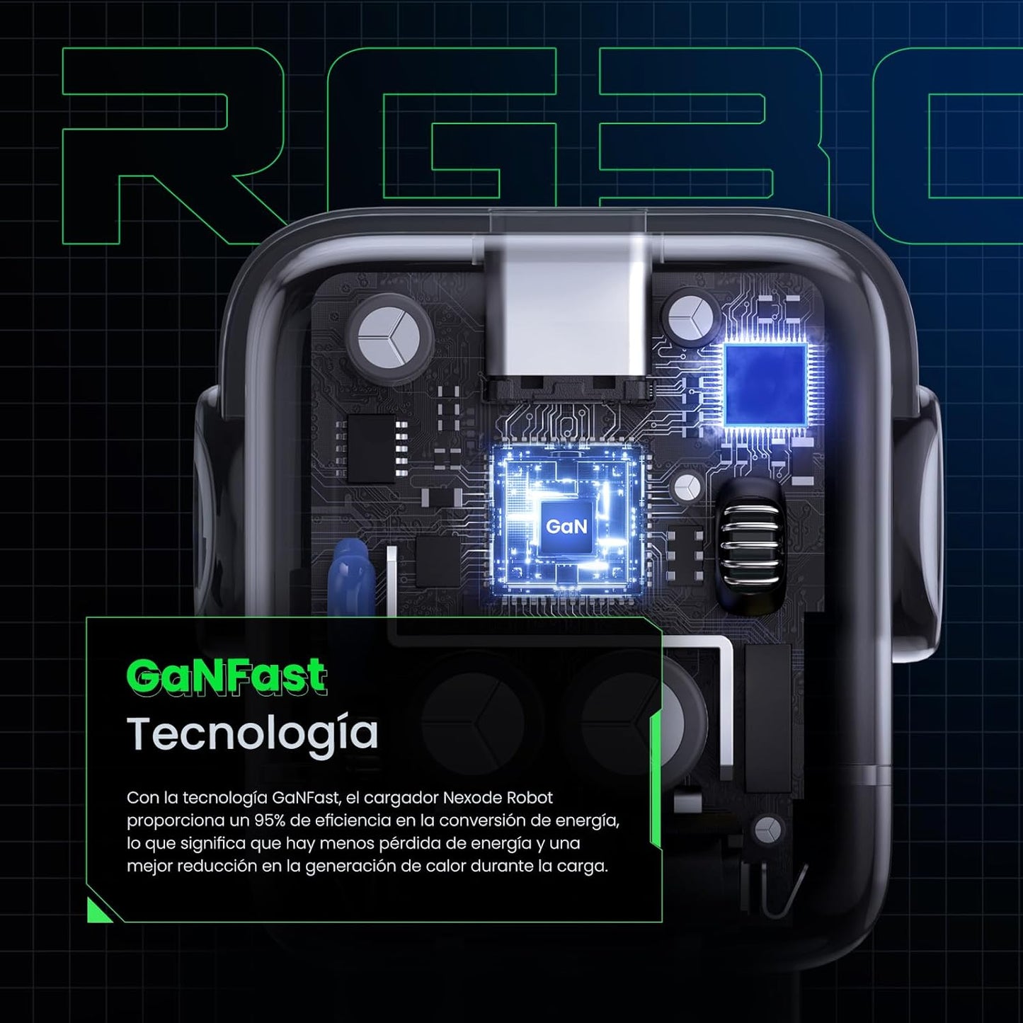 Cargador Mini GaNRobot 30W serie Nexode | 1 USB-C de Carga Rápida | Tecnología GaN II | Multiprotocolo PD/QC/SCP/FCA | Carga Inteligente | Pantalla LED | Zapato Magnético Extraíble | Thermal Guard | Color Negro.