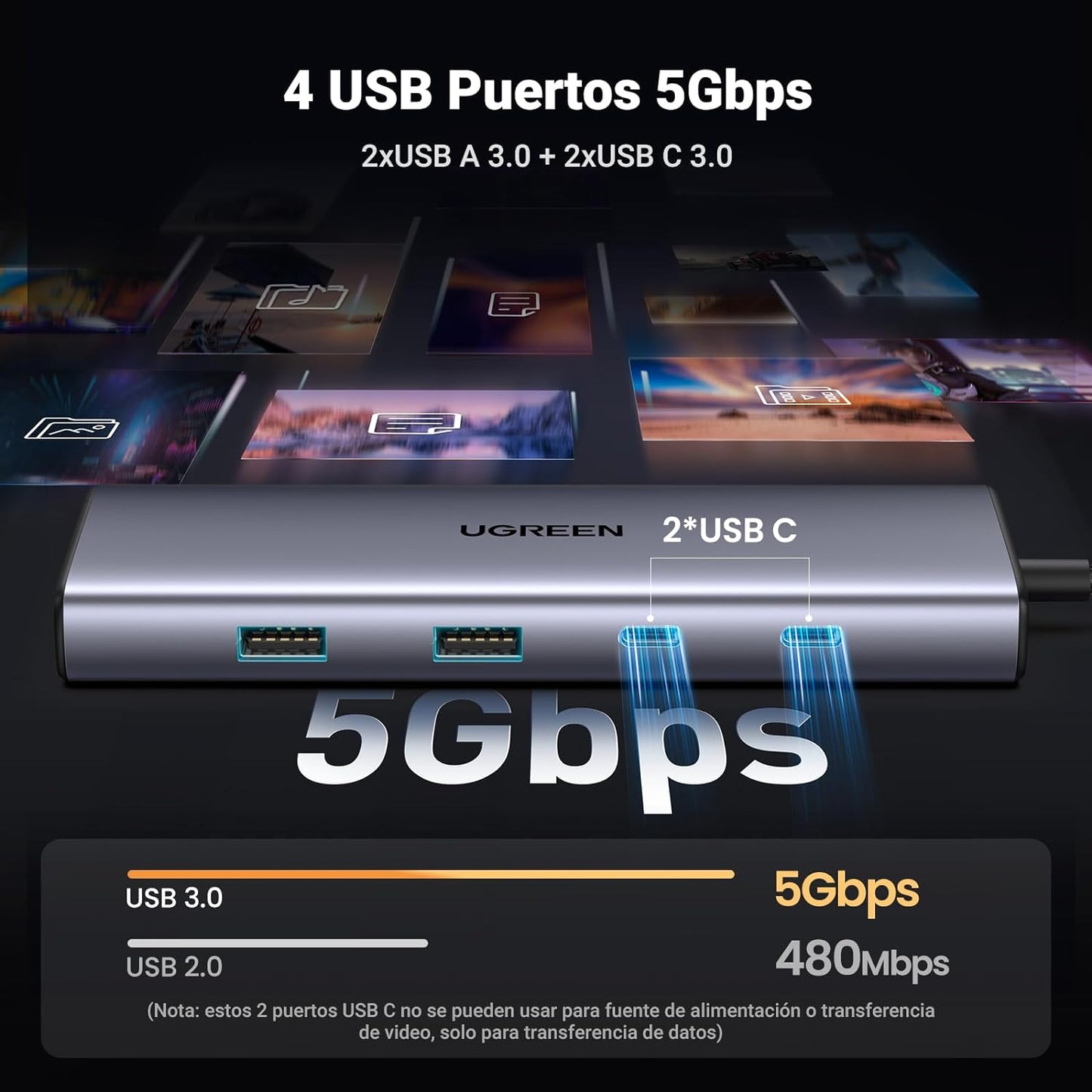 HUB USB-C (Docking Revodok) 9 en 1 | 2 USB-A 3.0 (5Gbps) | 2 USB-C (5Gbps) | USB-C PD Carga 100W | HDMI 4K@60Hz | RJ45 (Gigabit Ethernet) | Lector Tarjetas SD + Micro SD (TF) Simultáneo | Chip de Última Generación | Caja de Aluminio.