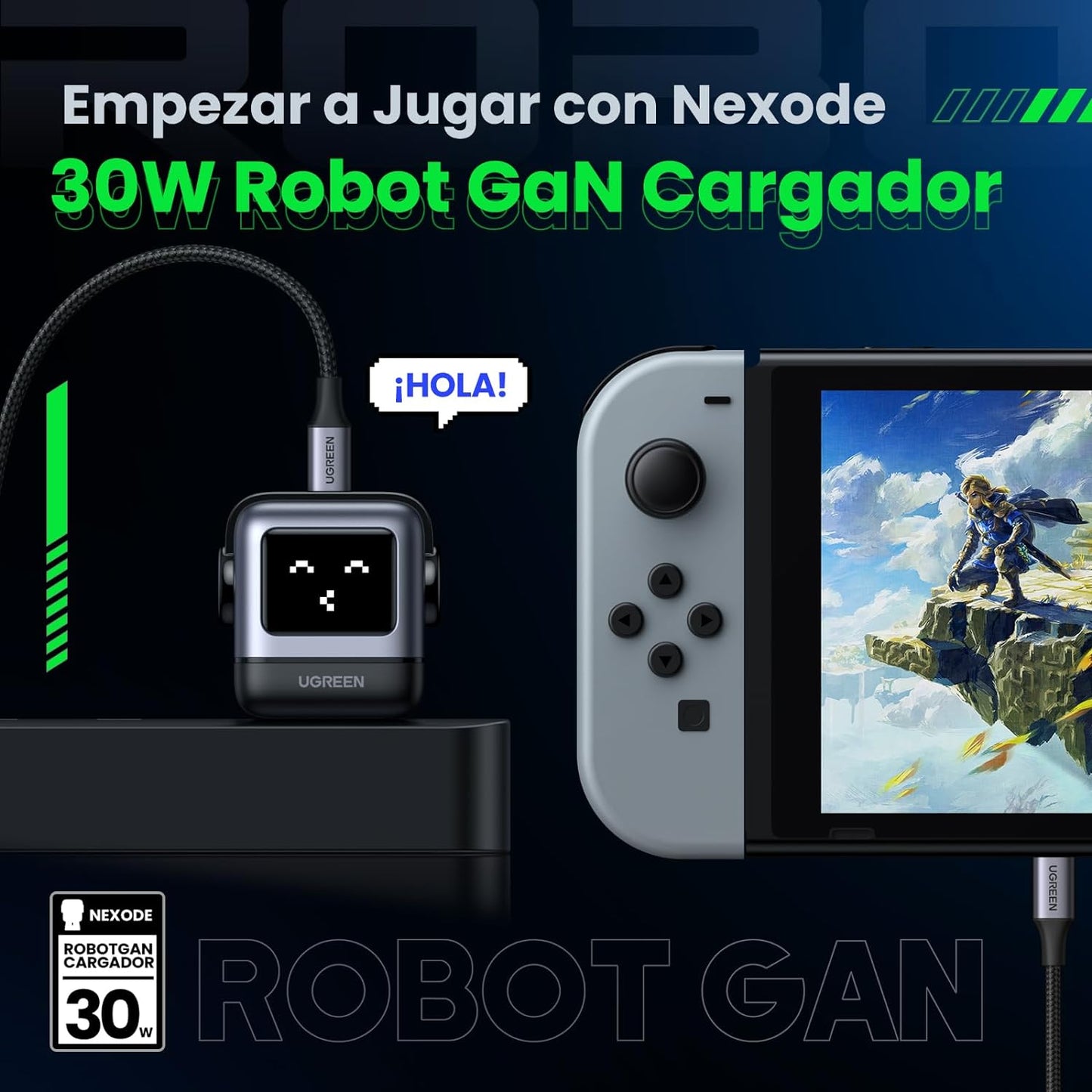 Cargador Mini GaNRobot 30W serie Nexode | 1 USB-C de Carga Rápida | Tecnología GaN II | Multiprotocolo PD/QC/SCP/FCA | Carga Inteligente | Pantalla LED | Zapato Magnético Extraíble | Thermal Guard | Color Negro.