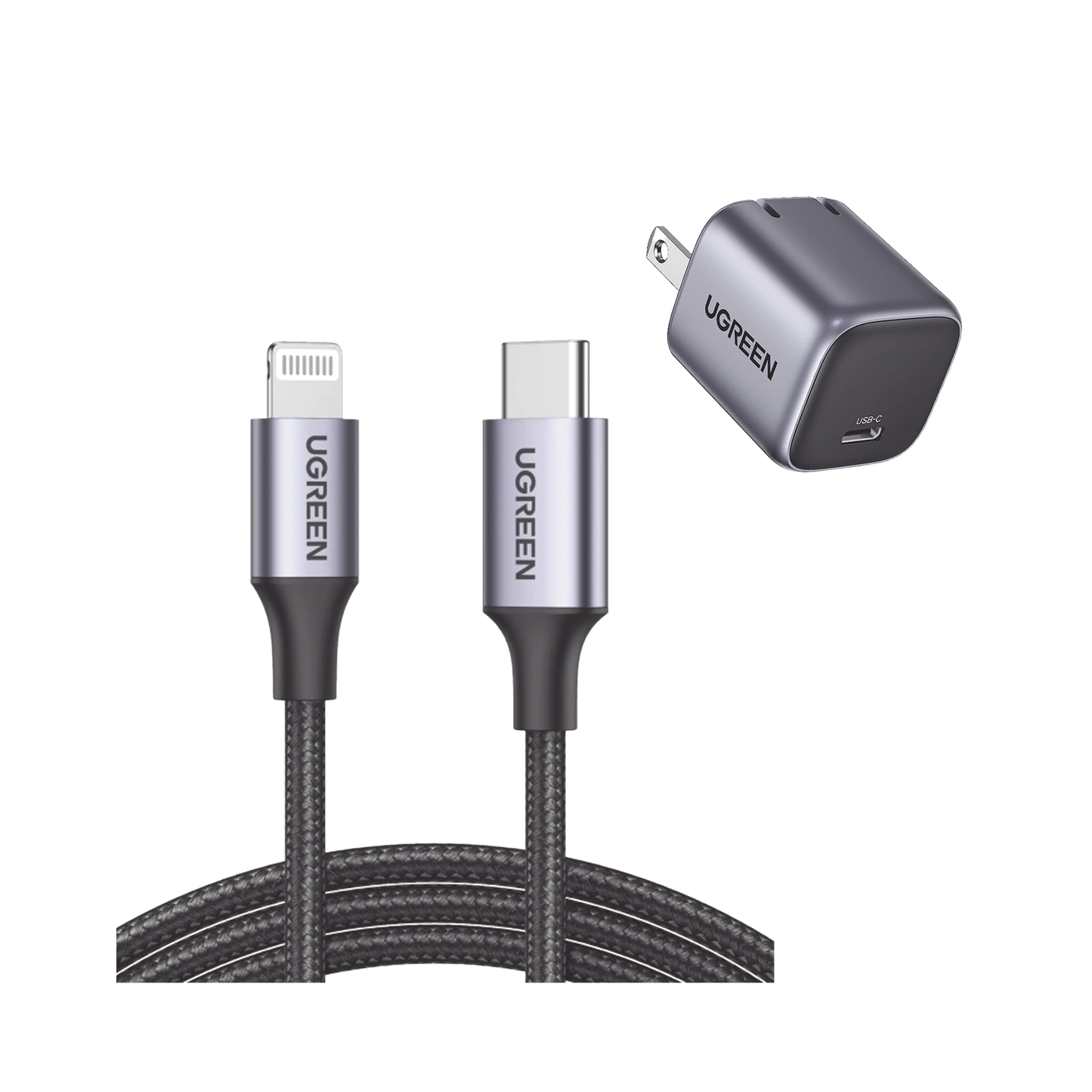 Kit de Cargador de 20w Tecnología GaN y Cable Lightning Certificado MFi / Incluye 1 Pza. 90902 / 1 Pza. 60759 / Tecnología Inteligente / Carga Rápida / Cable de 1 Metro / Carcasa de Aluminio / Nylon Trenzado