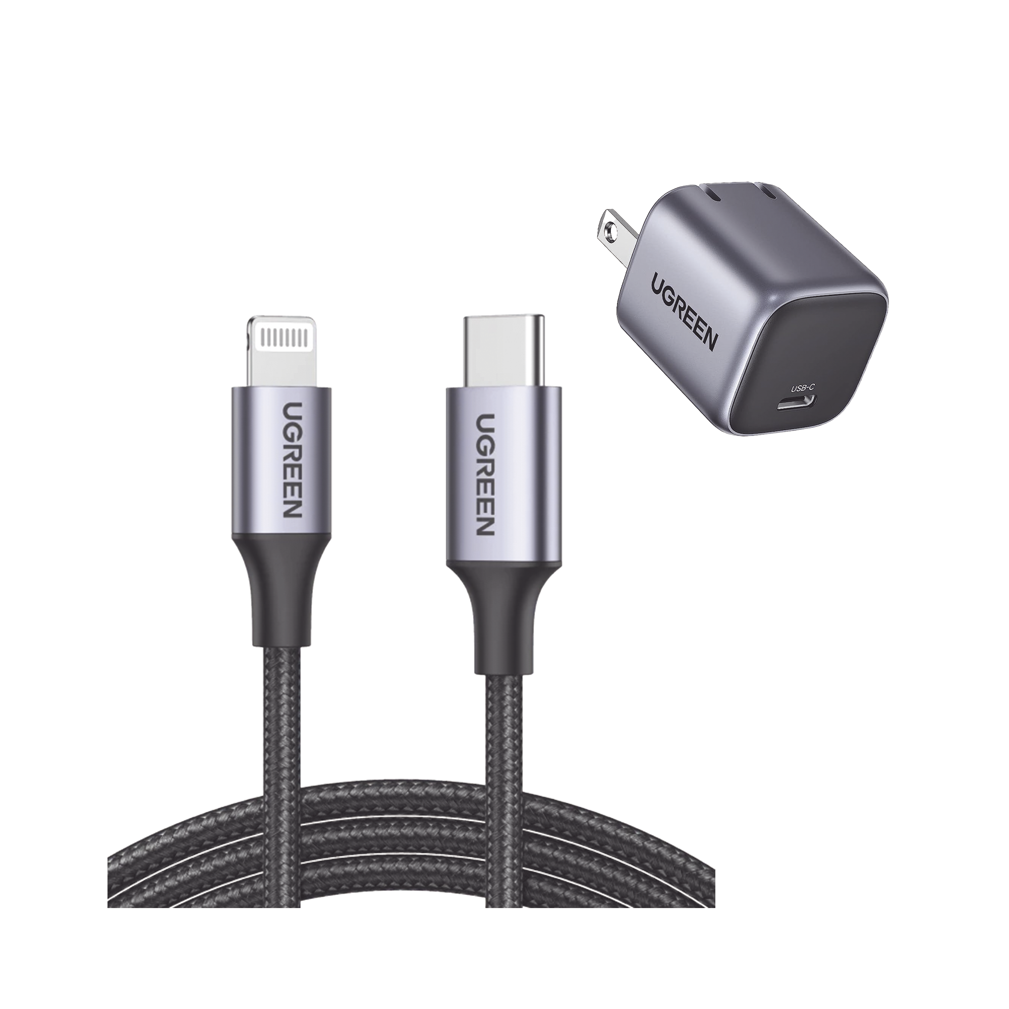 Kit de Cargador de 20w Tecnología GaN y Cable Lightning Certificado MFi / Incluye 1 Pza. 90902 / 1 Pza. 60759 / Tecnología Inteligente / Carga Rápida / Cable de 1 Metro / Carcasa de Aluminio / Nylon Trenzado